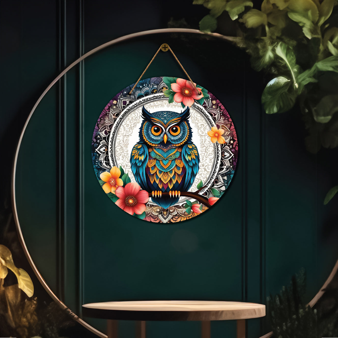 Owl in floral and white mandala Round Wooden Wall Hanging for wall Décor - Design - 160