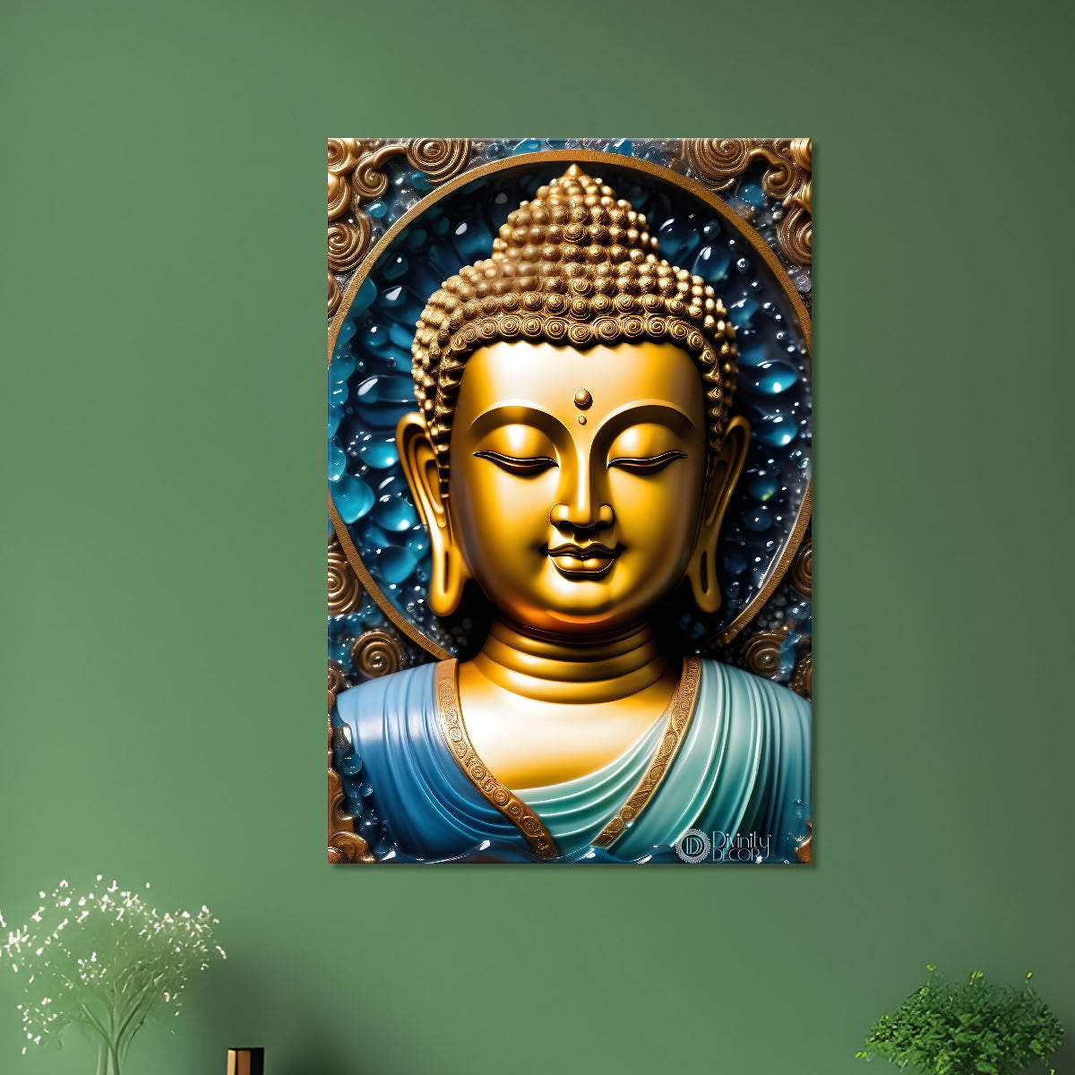 Golden buddha with blue texturd painting - Buddha-V-160