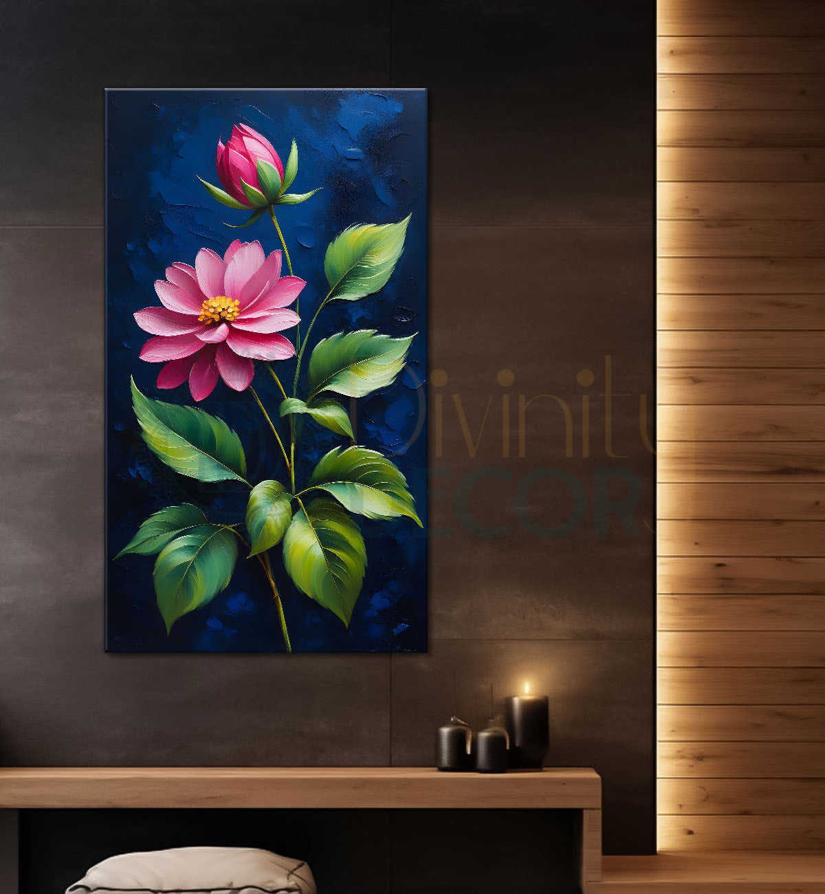 Pink flowers in navy blue textured background painting- Flower-V-160