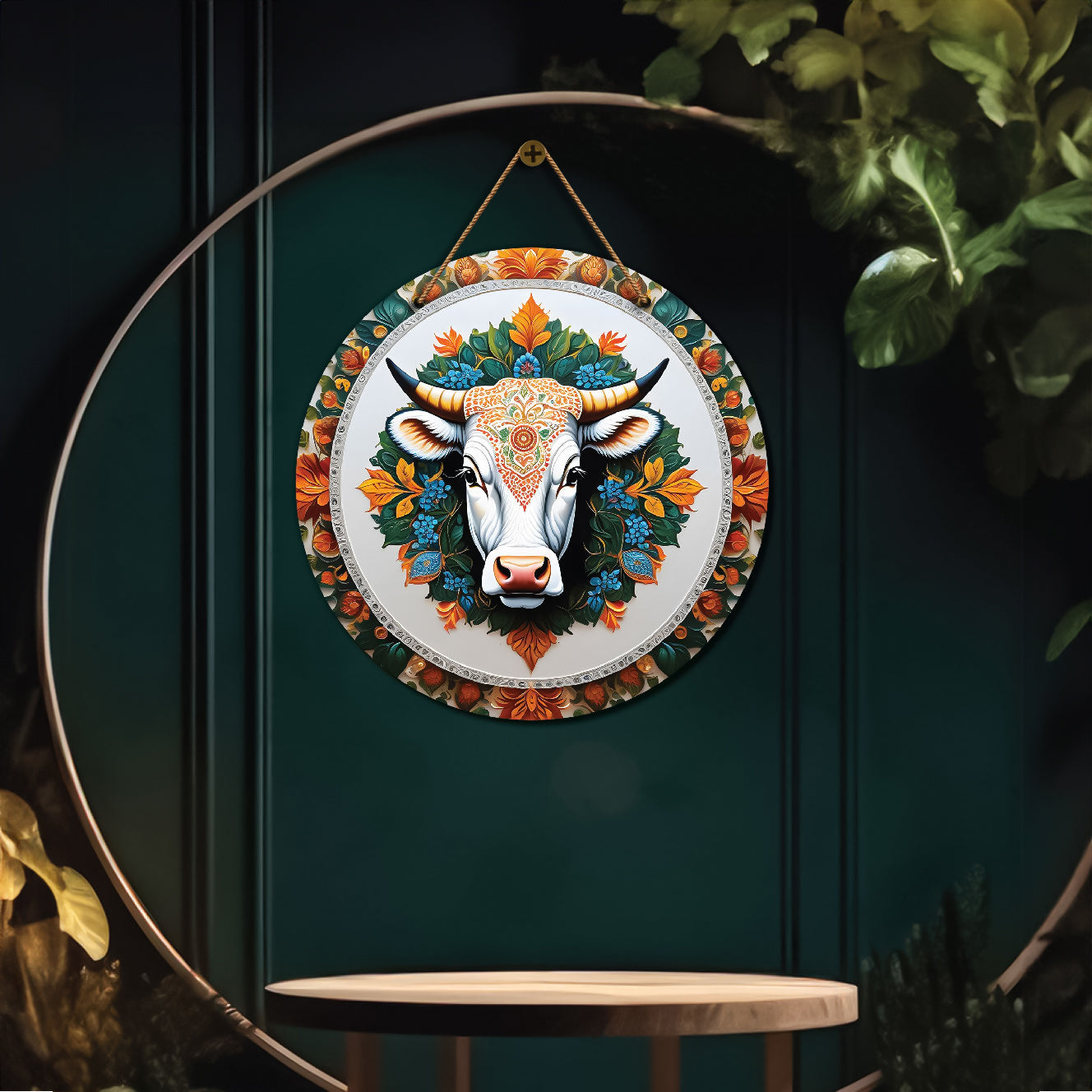 Cow in white and blue mandala Round Wooden Wall Hanging for wall Décor - Design - 161