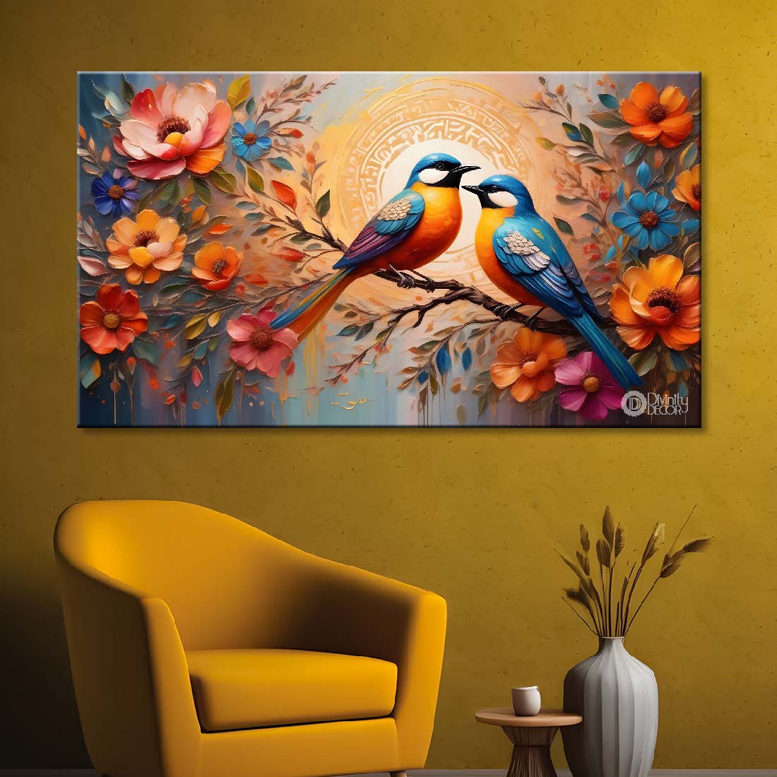 Birds on the branch with colorful flowers in light background art - Design - Animal - 161