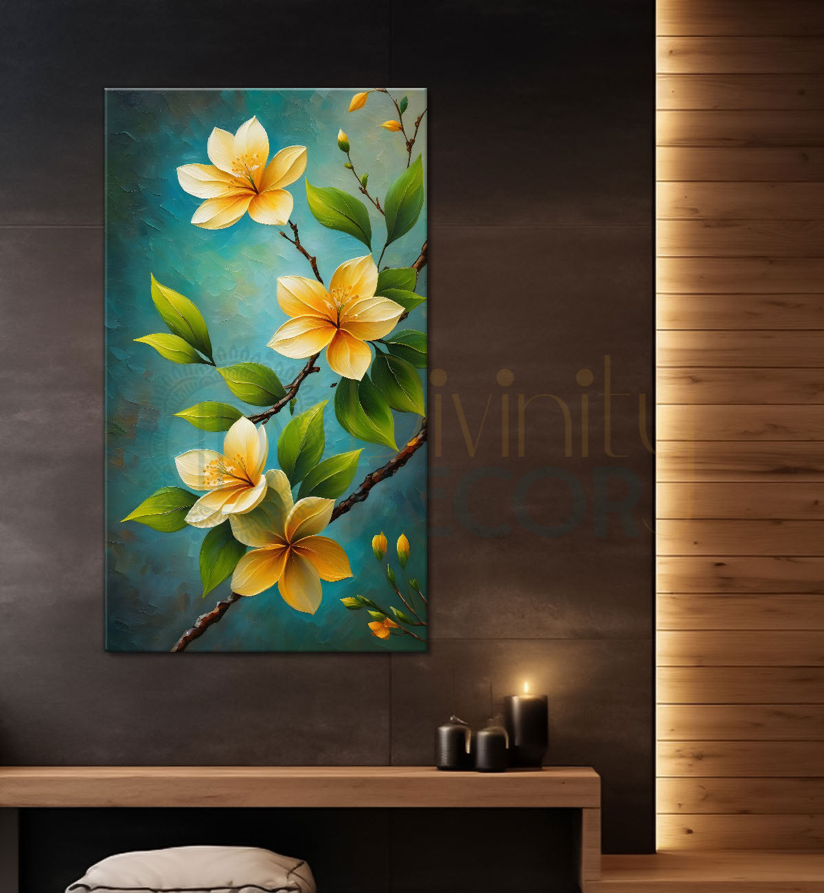 Yellow flowers in green textured background painting- Flower-V-161