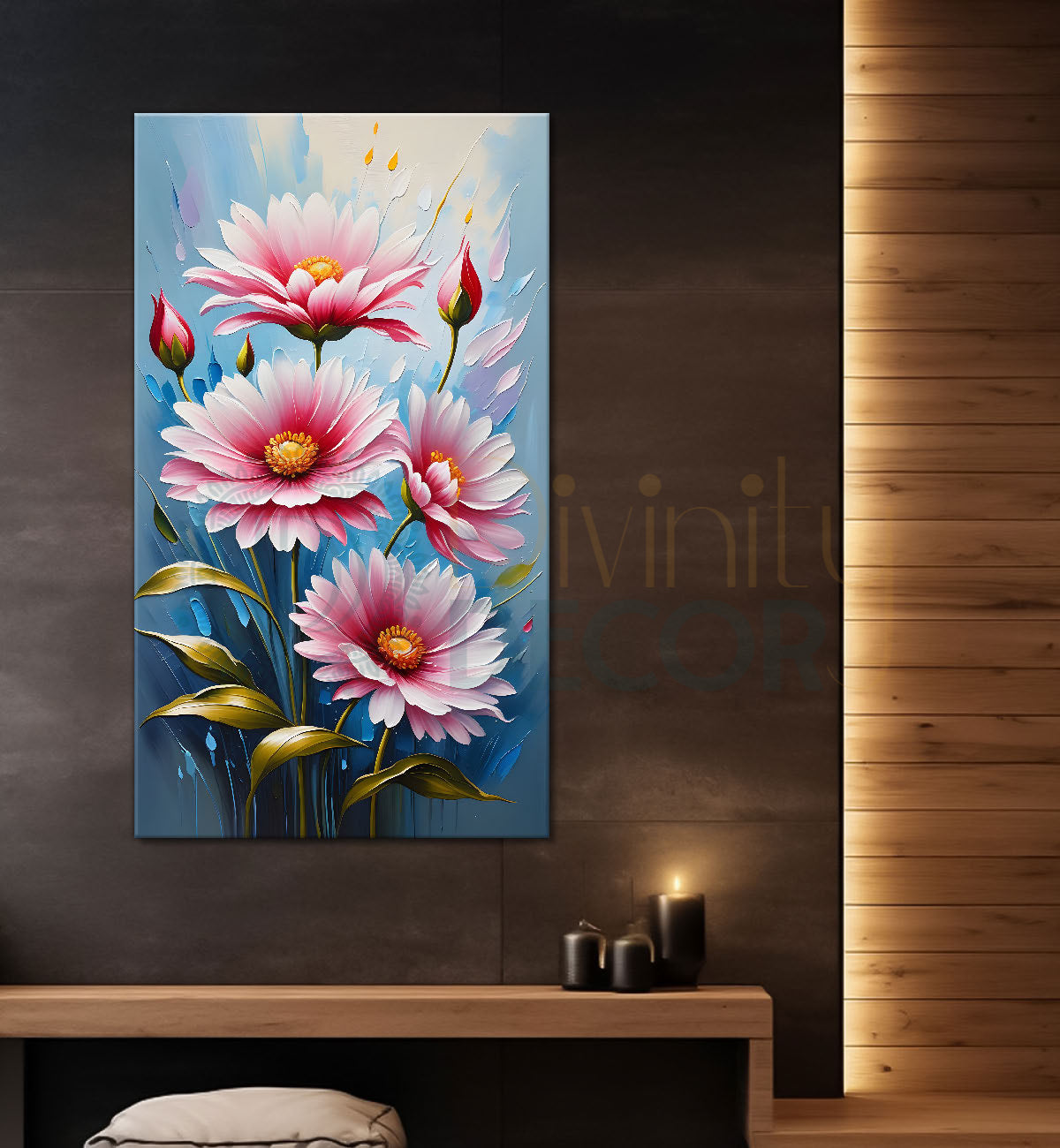 Pink flowers in sky blue textured background painting- Flower-V-162