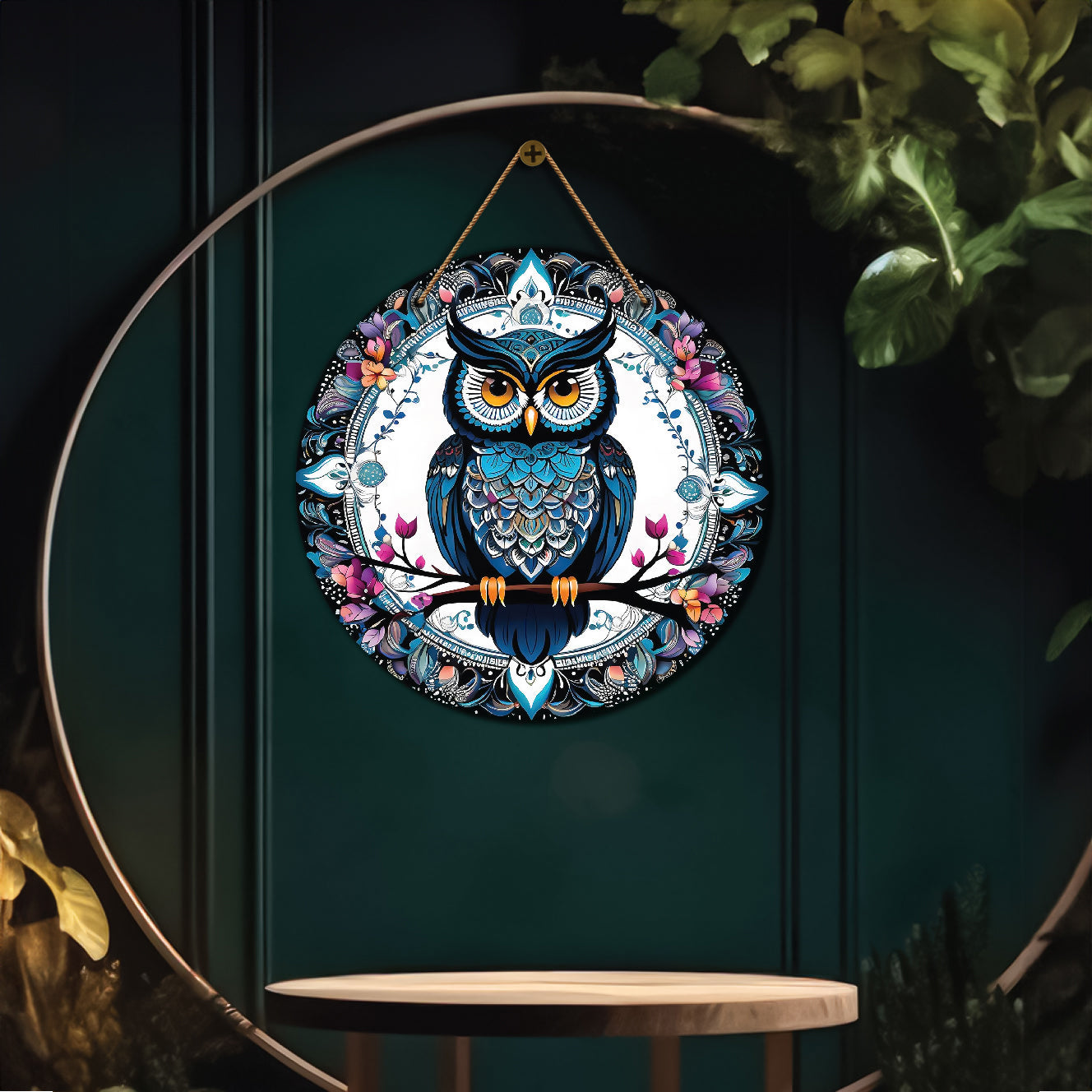 Owl in white and blue mandala Round Wooden Wall Hanging for wall Décor - Design - 162
