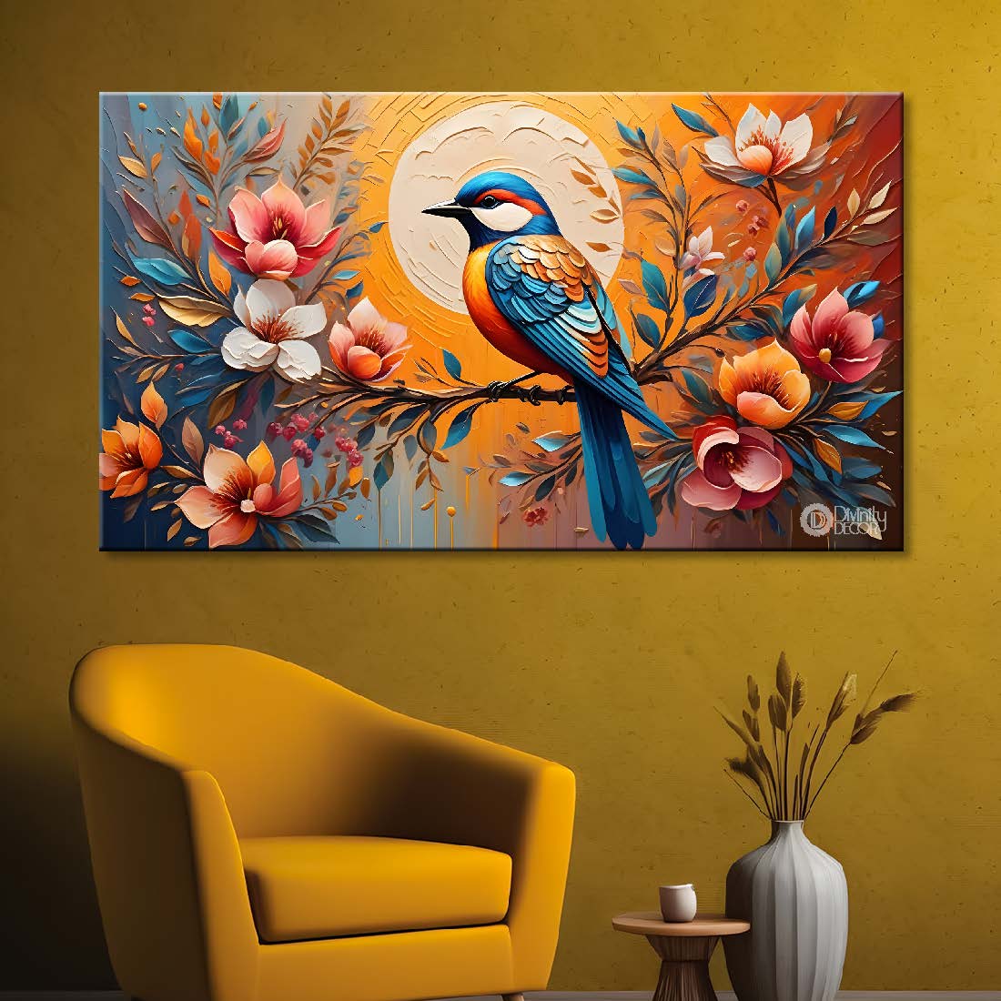 Bird on the branch with colorful flowers in light background art - Design - Animal - 162