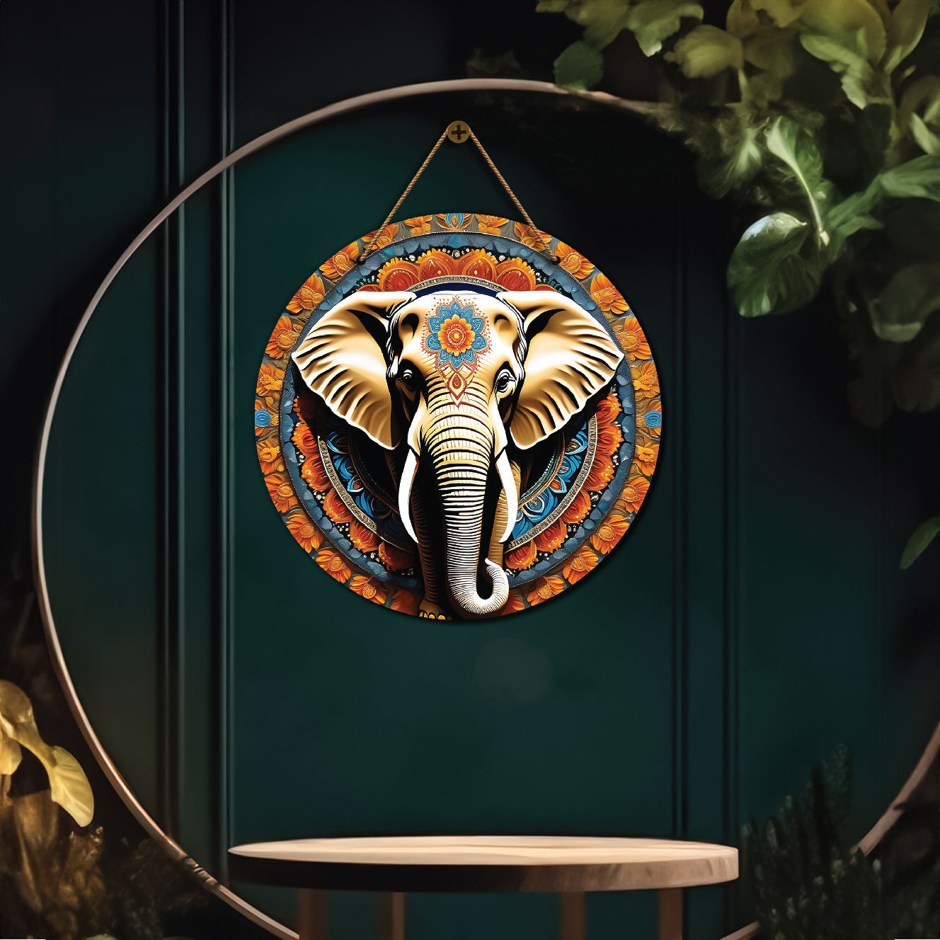 Elephant in green and orange mandala Round Wooden Wall Hanging for wall Décor - Design - 163