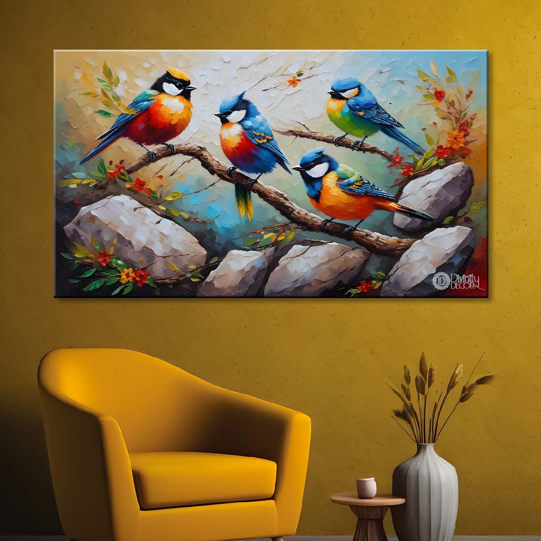 Birds on the branch and rocks in grey background art - Design - Animal - 163