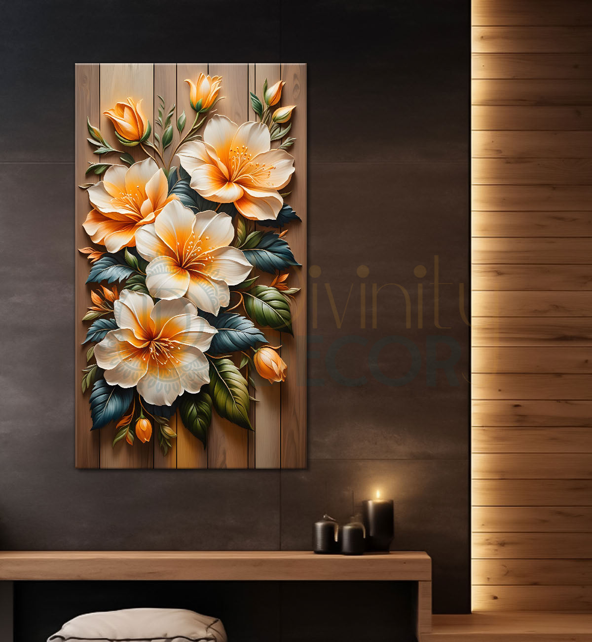 Yellow flowers in light brown textured painting- Flower-V-163