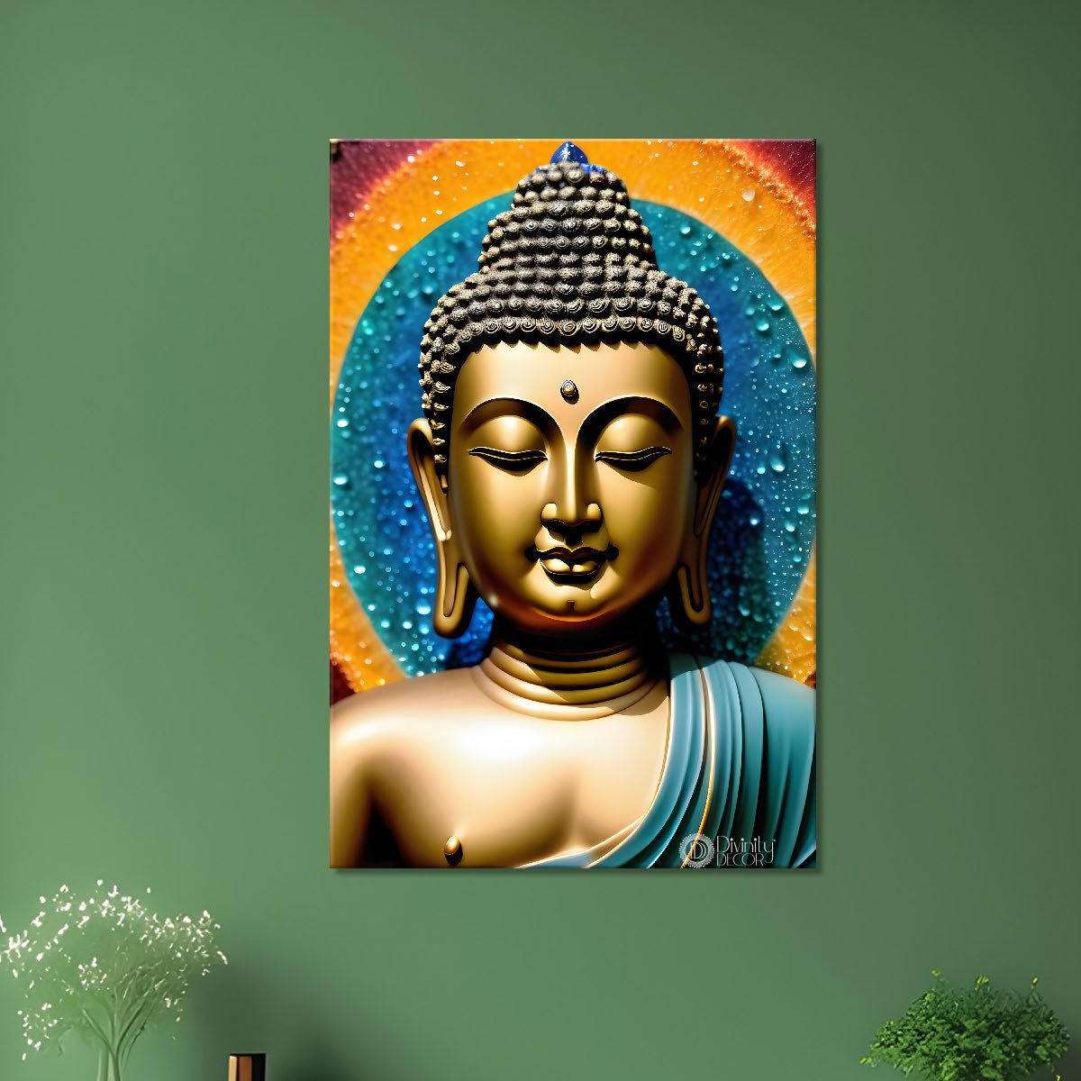 Golden buddha with blue texturd painting - Buddha-V-163