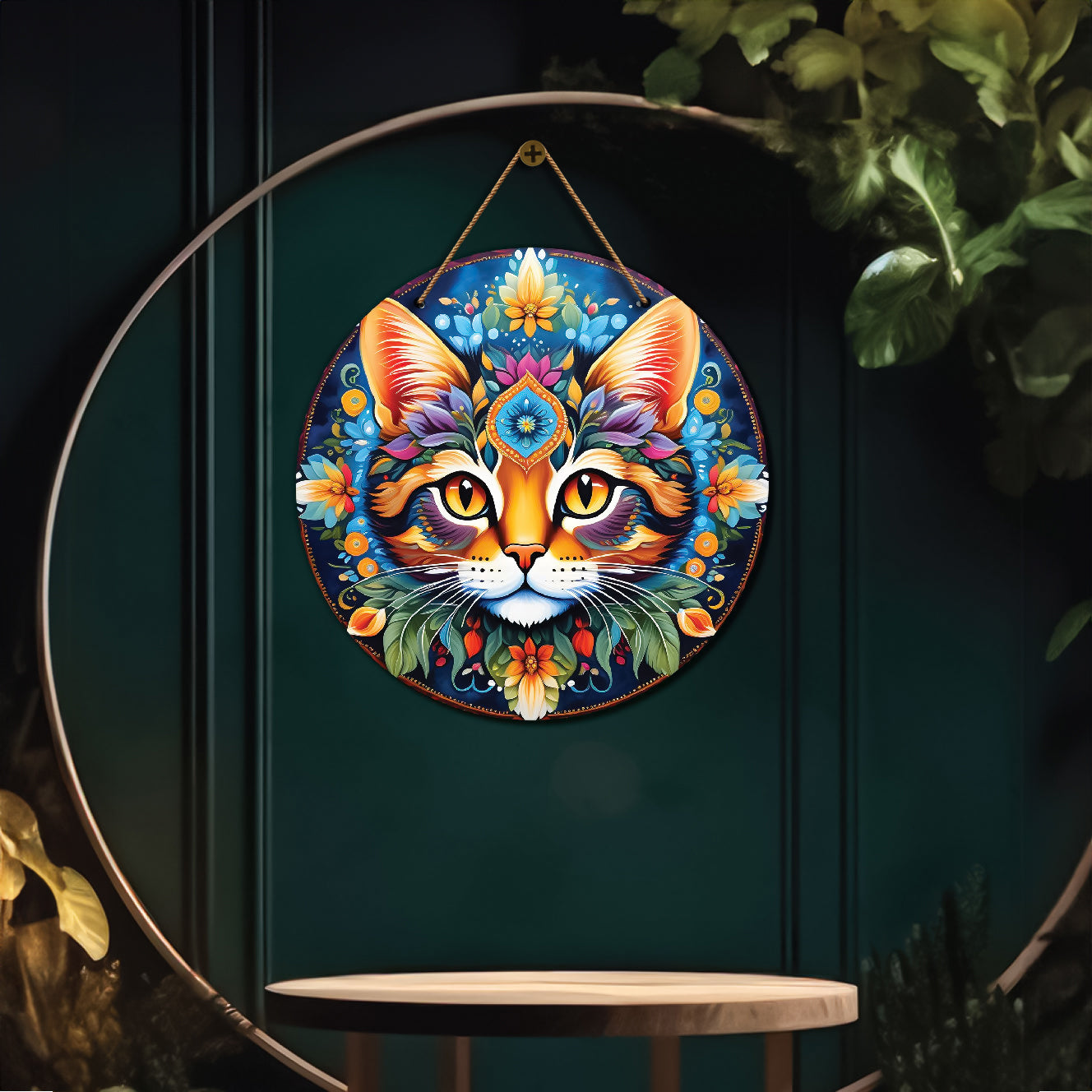 Cat in orange and blue mandala Round Wooden Wall Hanging for wall Décor - Design - 164