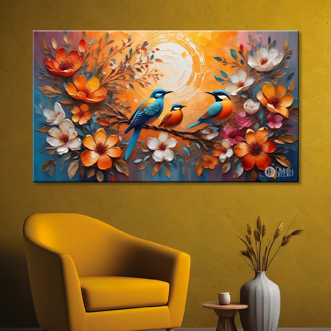 Birds on the branch with colorful flowers in light background art - Design - Animal - 164