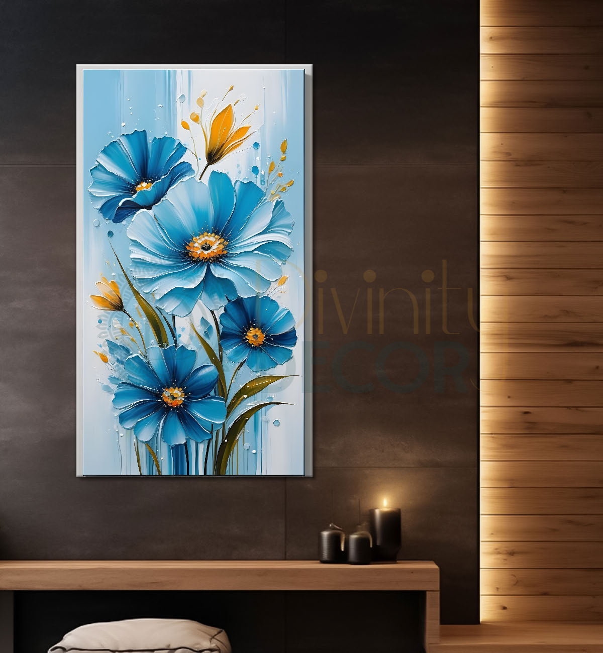Blue flowers in sky blue textured painting- Flower-V-164