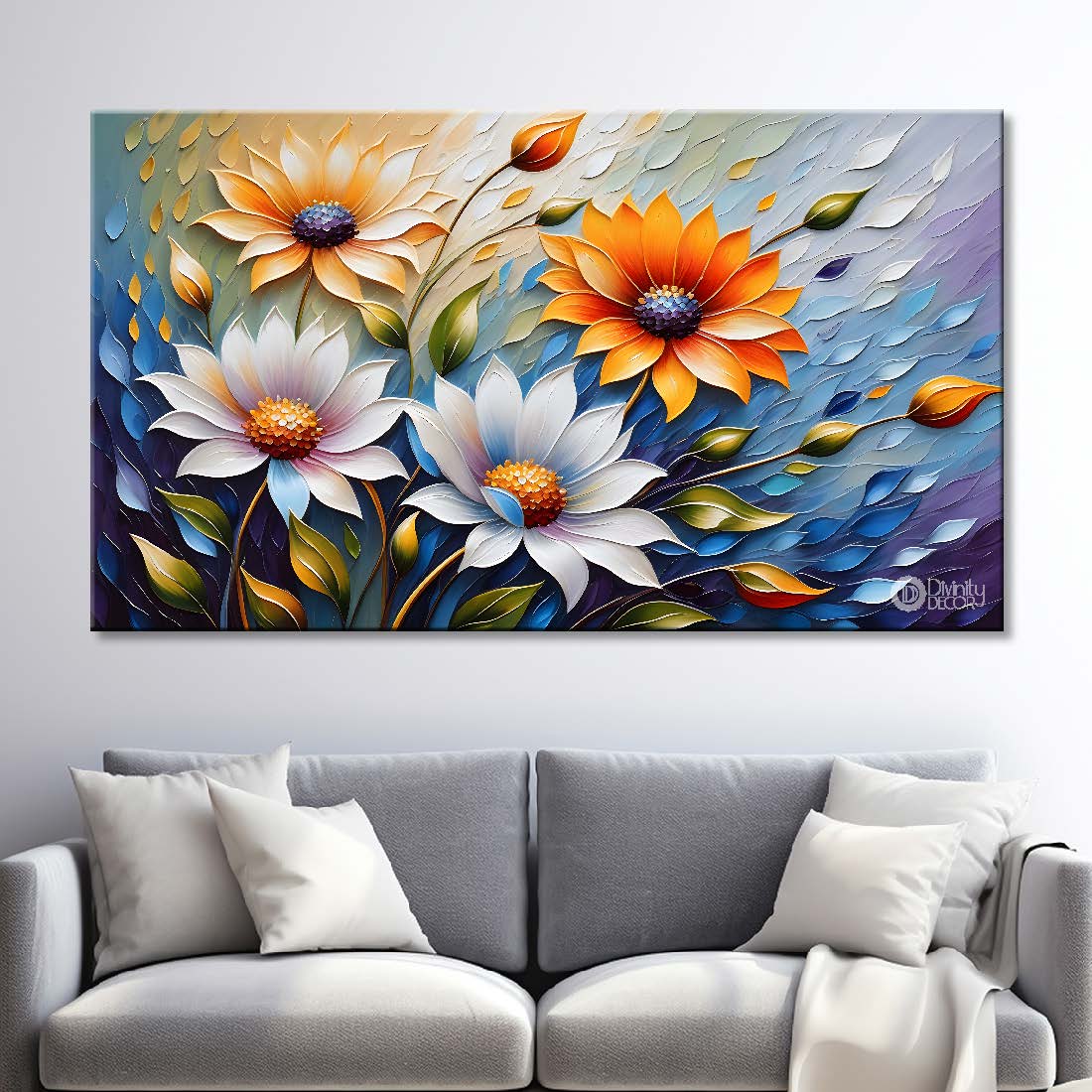 White and orange flowers in blue background- Design - Flower-165