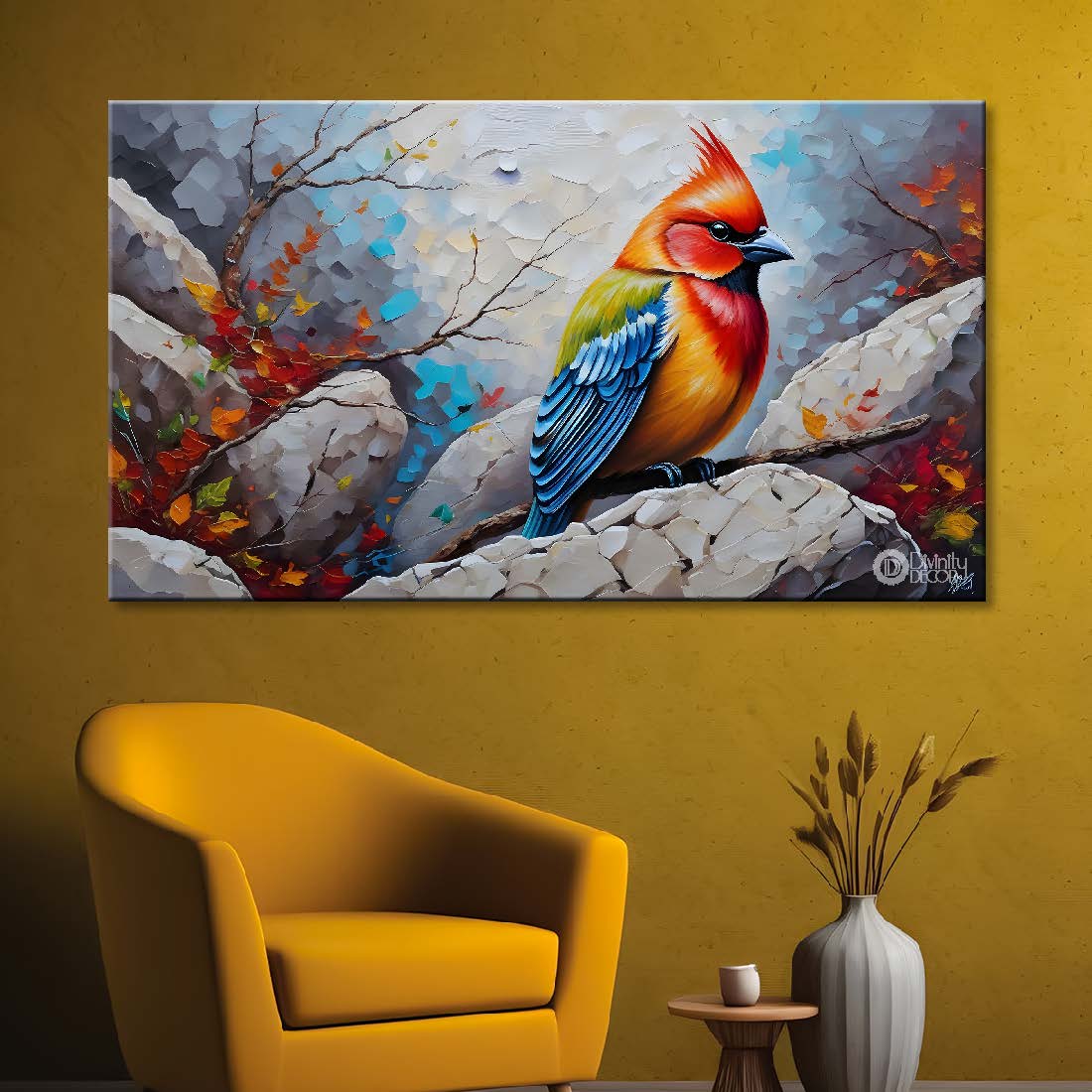 Colorful bird on the rocks with grey background textured art. - Design - Animal - 165