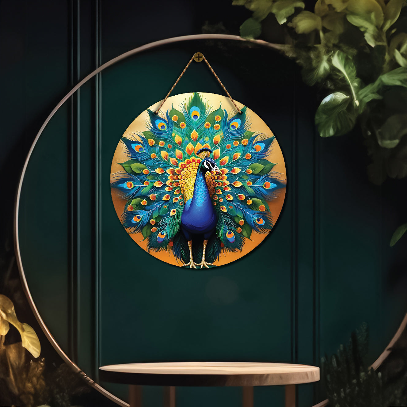 Peacock in green and golden mandala Round Wooden Wall Hanging for wall Décor - Design - 165