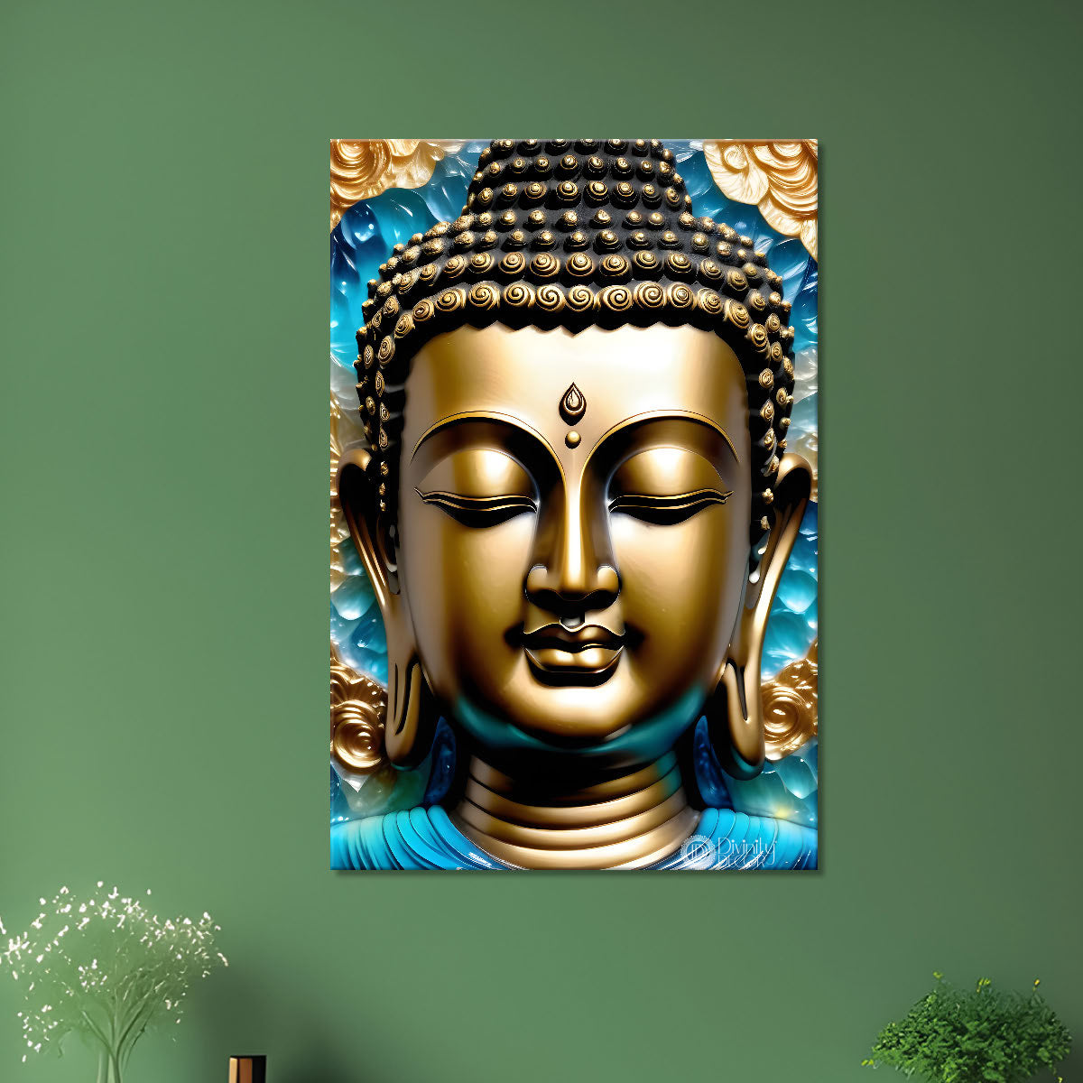 Golden buddha with blue texturd painting - Buddha-V-165