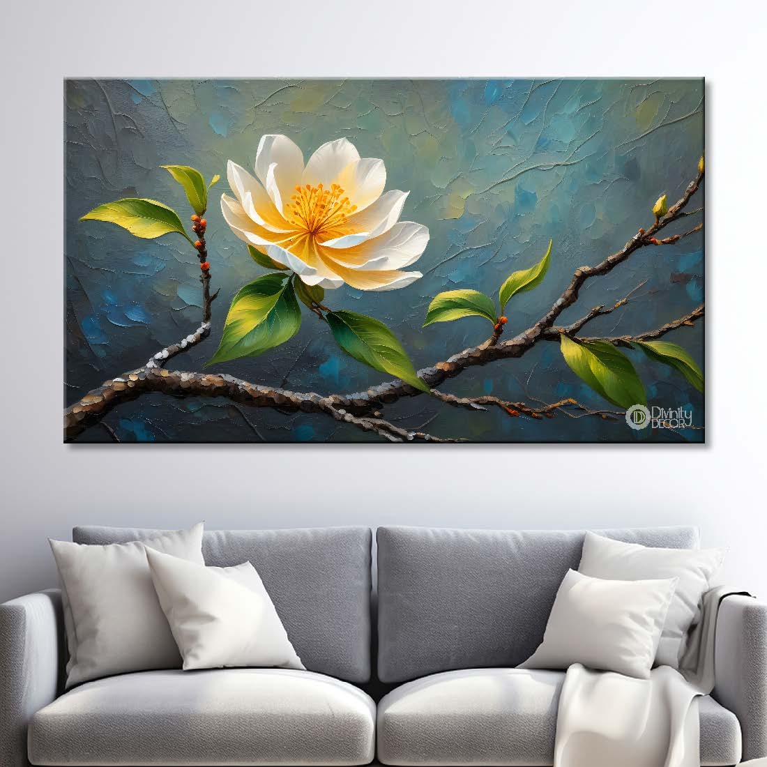 White flower with blue background painting- Design - Flower-166