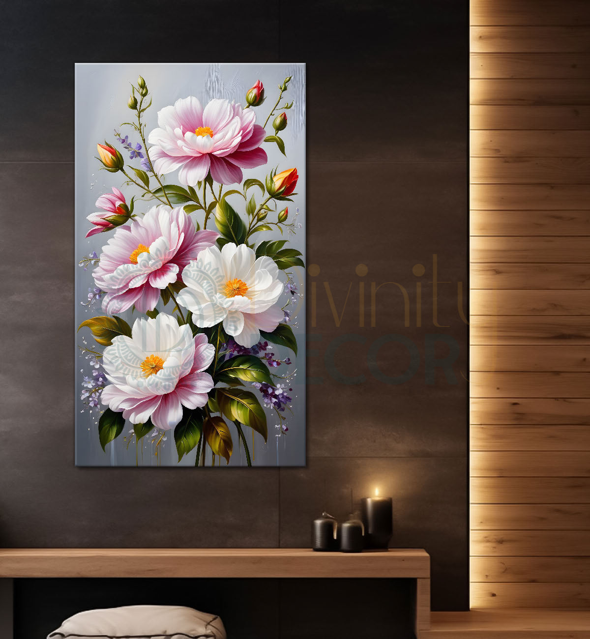 Pink flowers in grey textured painting- Flower-V-166
