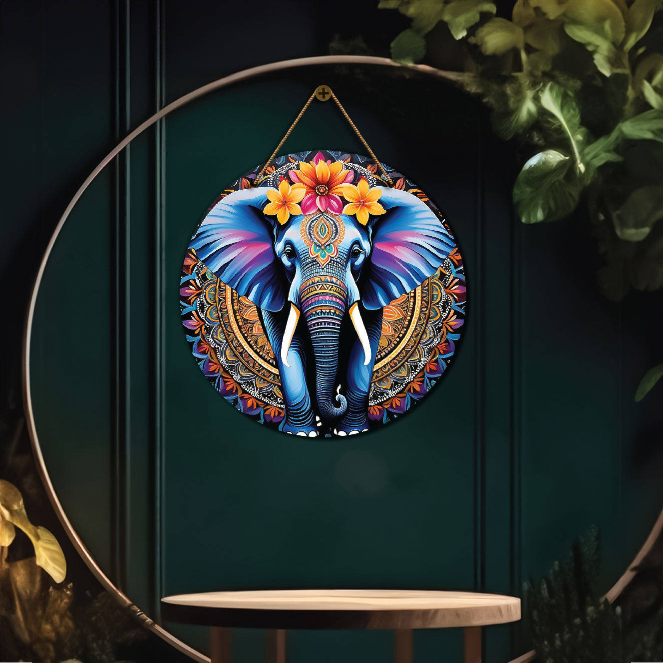 Elephant in orange and purple mandala Round Wooden Wall Hanging for wall Décor - Design - 166