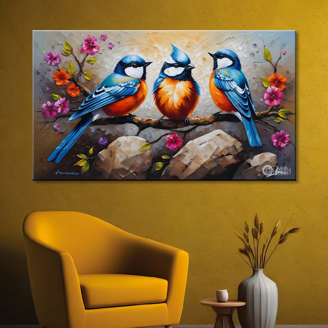 Three birds on the branch with flowers and grey textured background art. - Design - Animal - 166