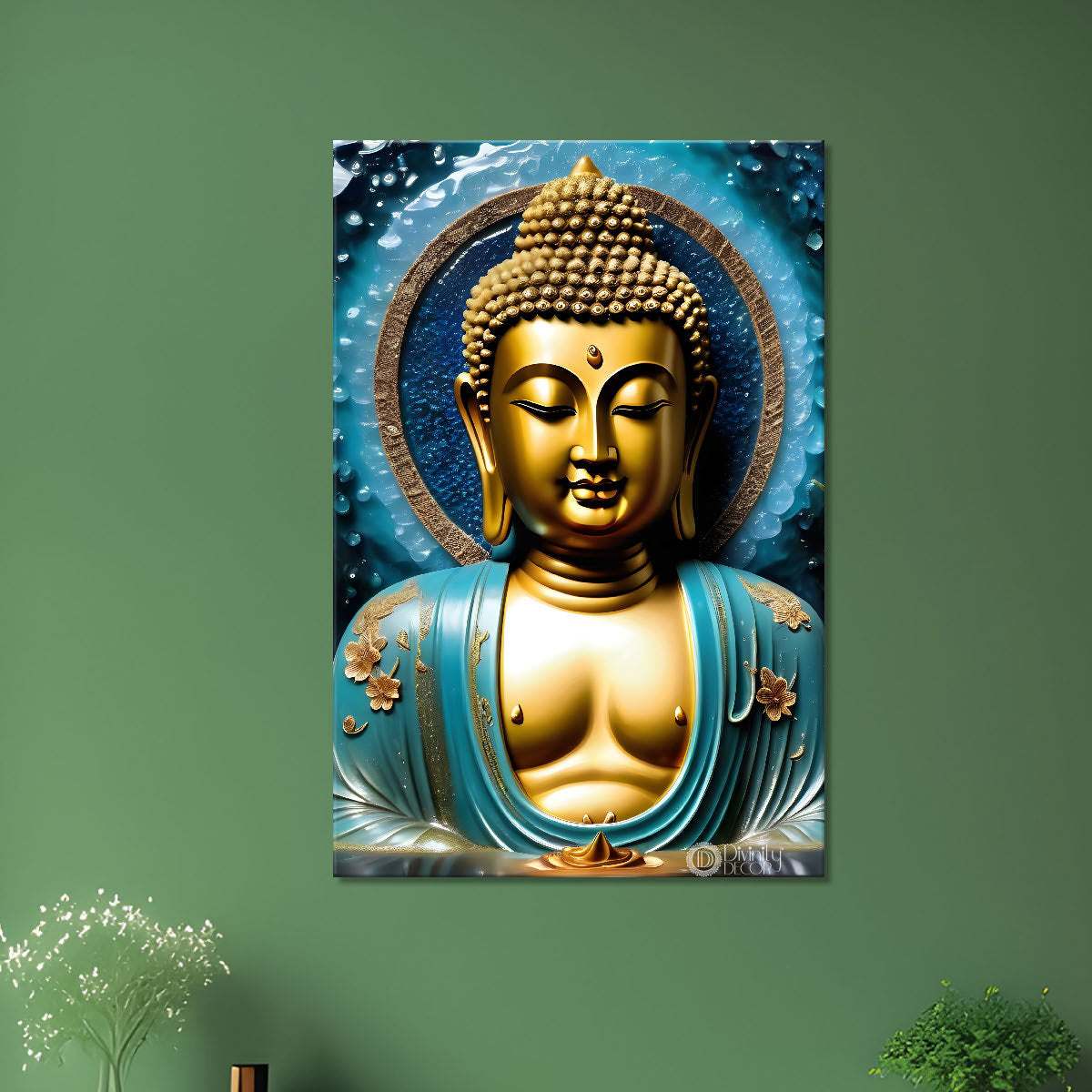 Golden buddha with blue texturd painting- Buddha-V-166