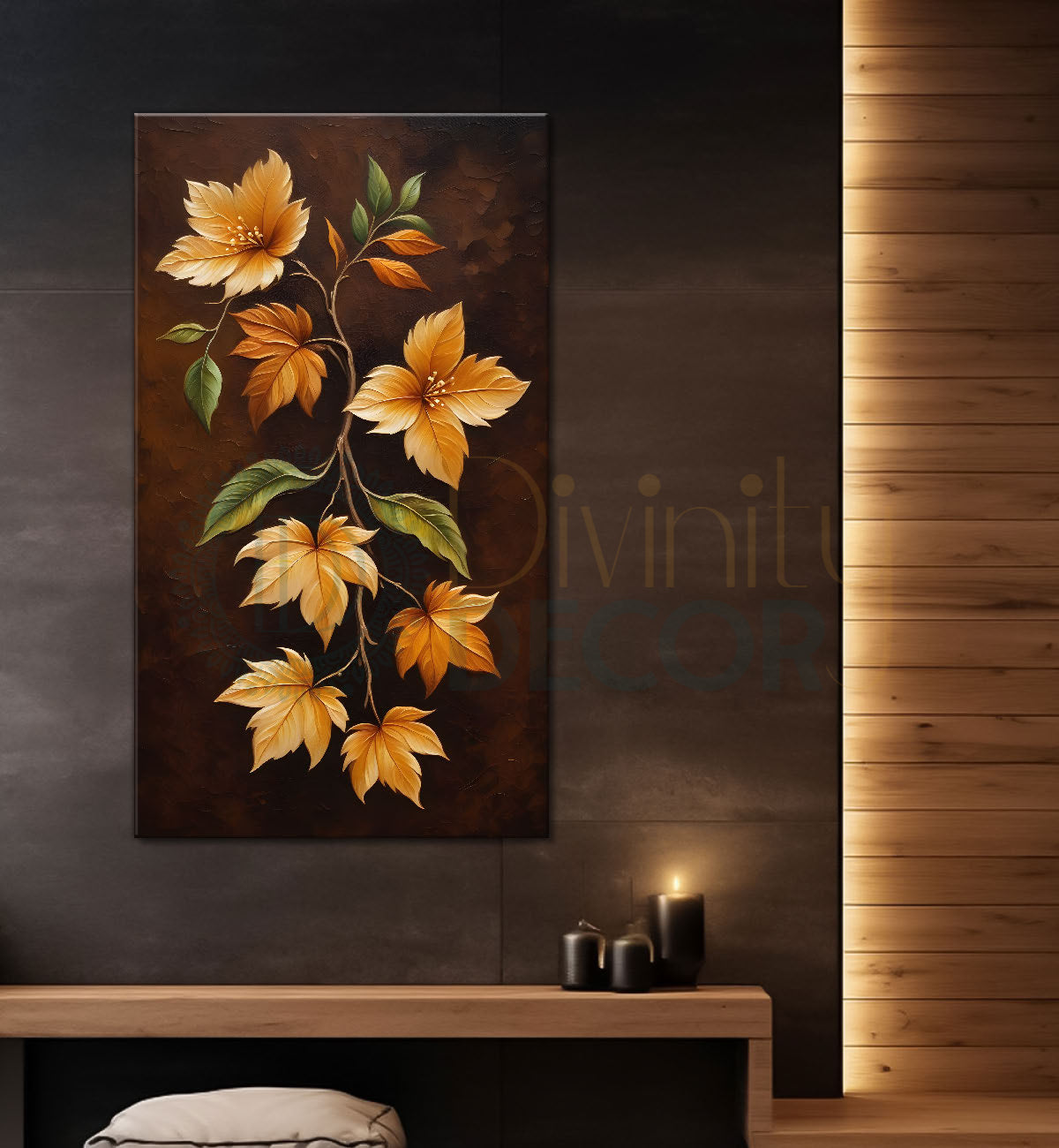 Yellow flowers in brown textured painting- Flower-V-167