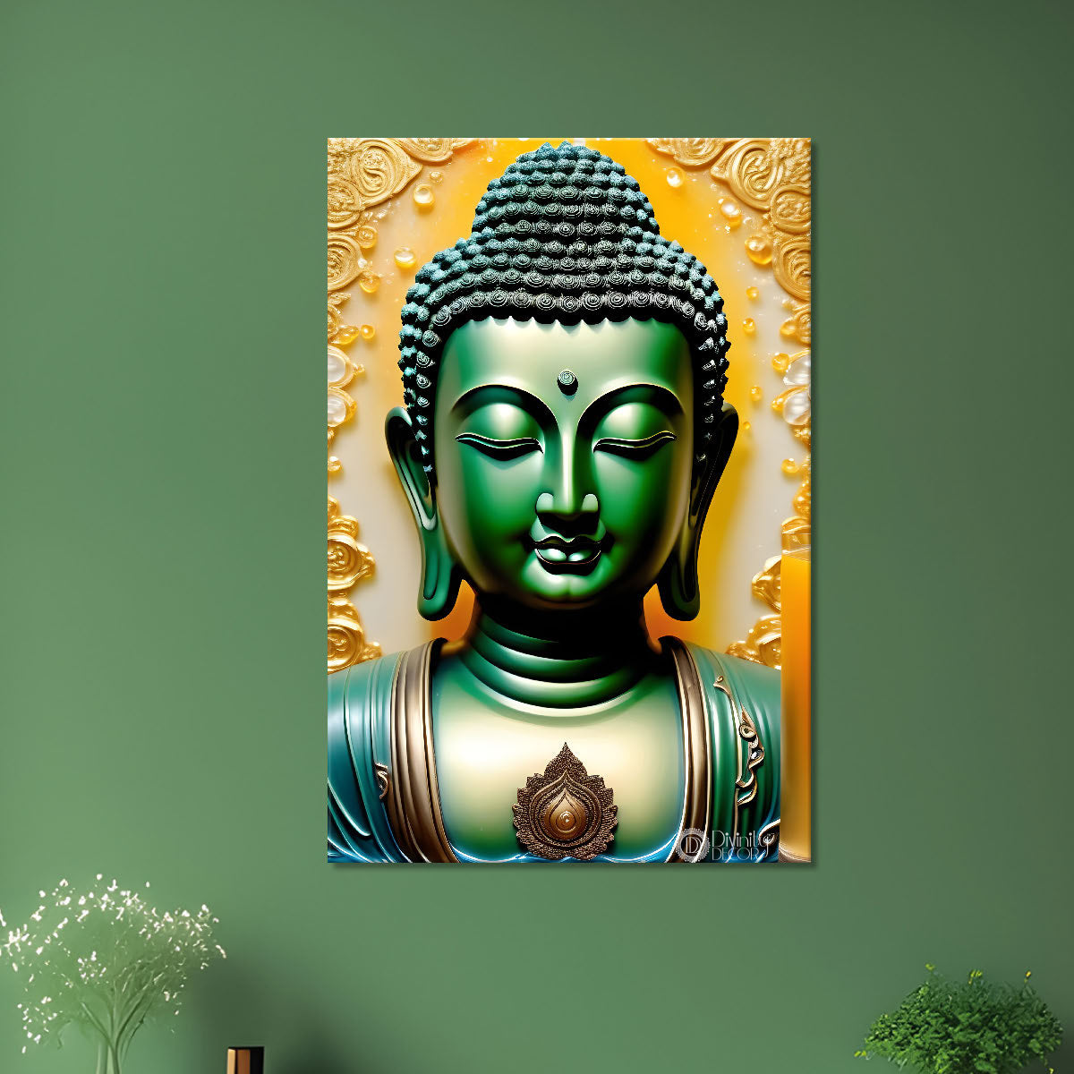 Green buddha with yellow  texturd painting - Buddha-V-167