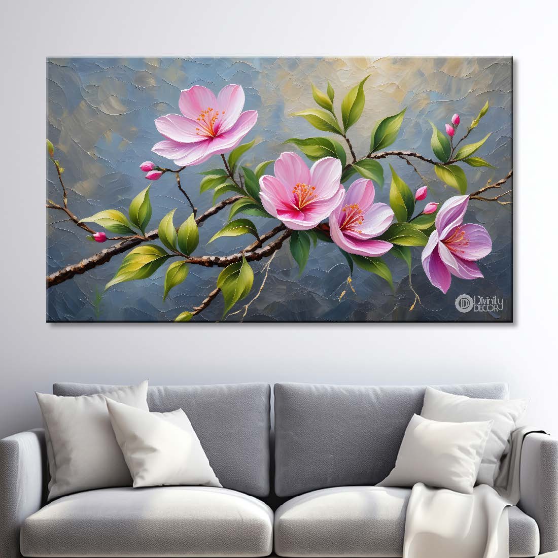 Pink flowers with grey textured background painting- Design - Flower-168