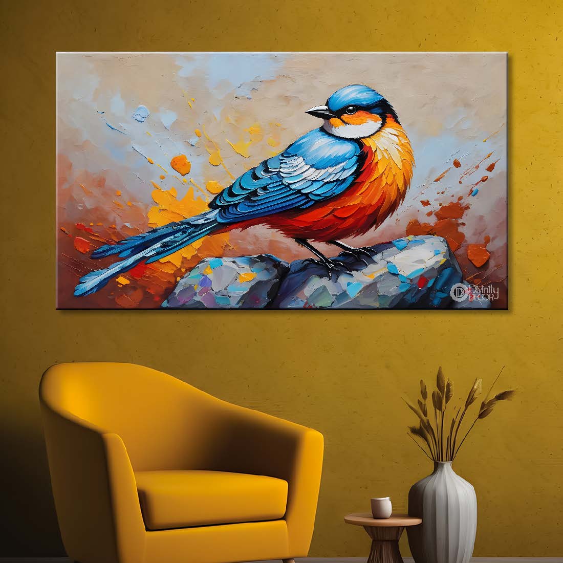 Colorful bird on the rocks with grey background textured art. - Design - Animal - 168