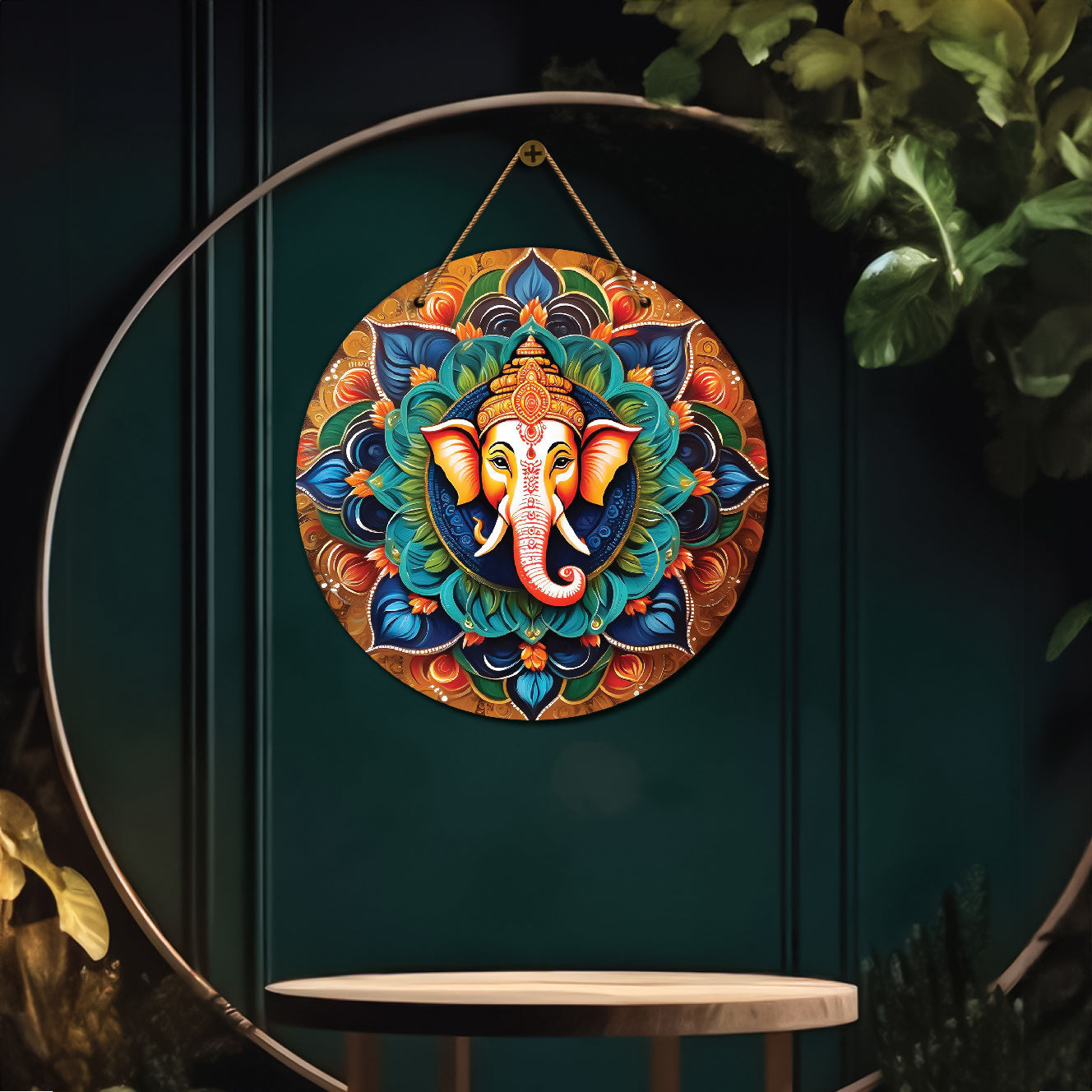 Ganesh Ji in green and brown mandala Round Wooden Wall Hanging for wall Décor - Design - 168