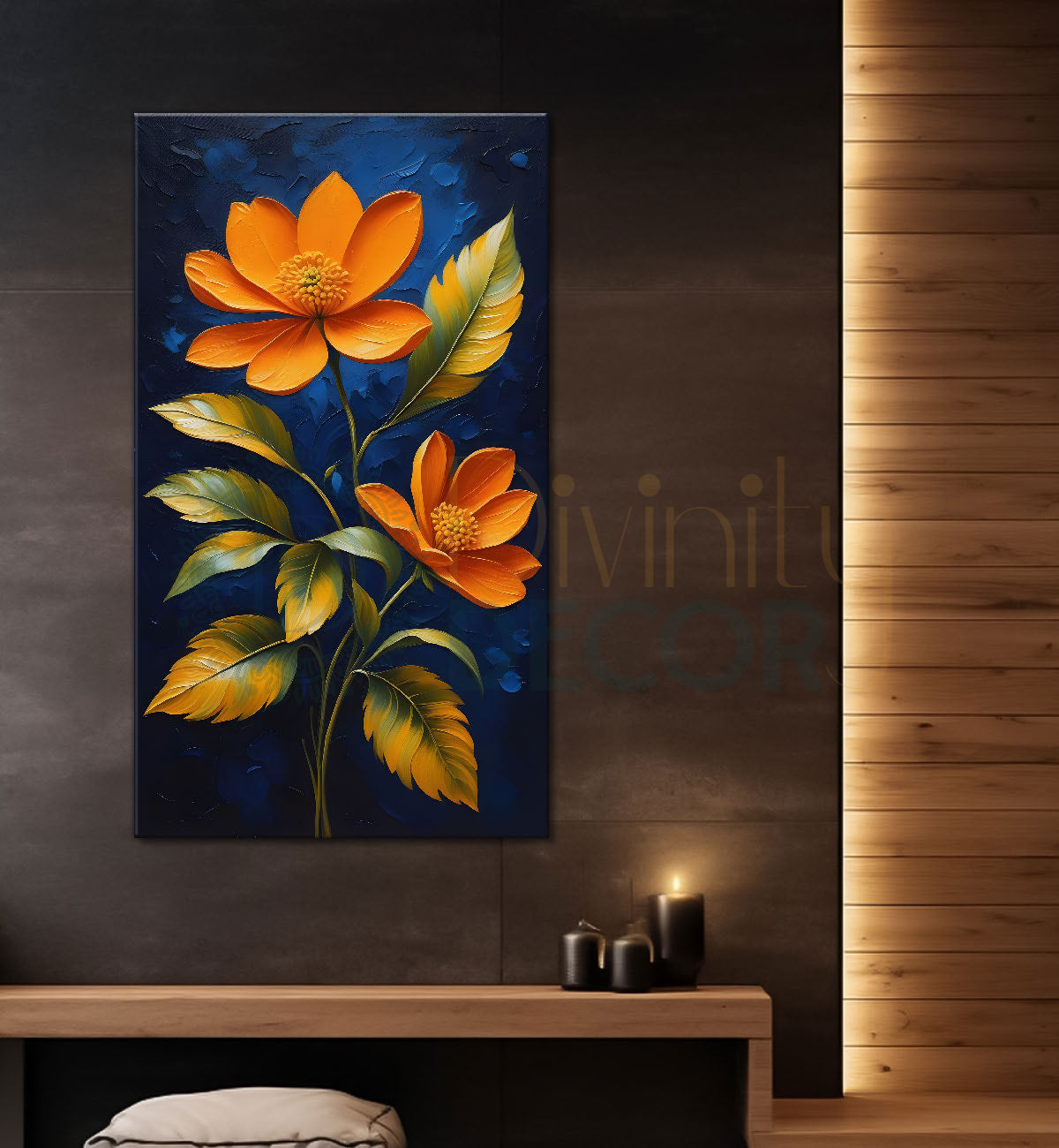 Orange flowers in navy blue textured painting- Flower-V-168