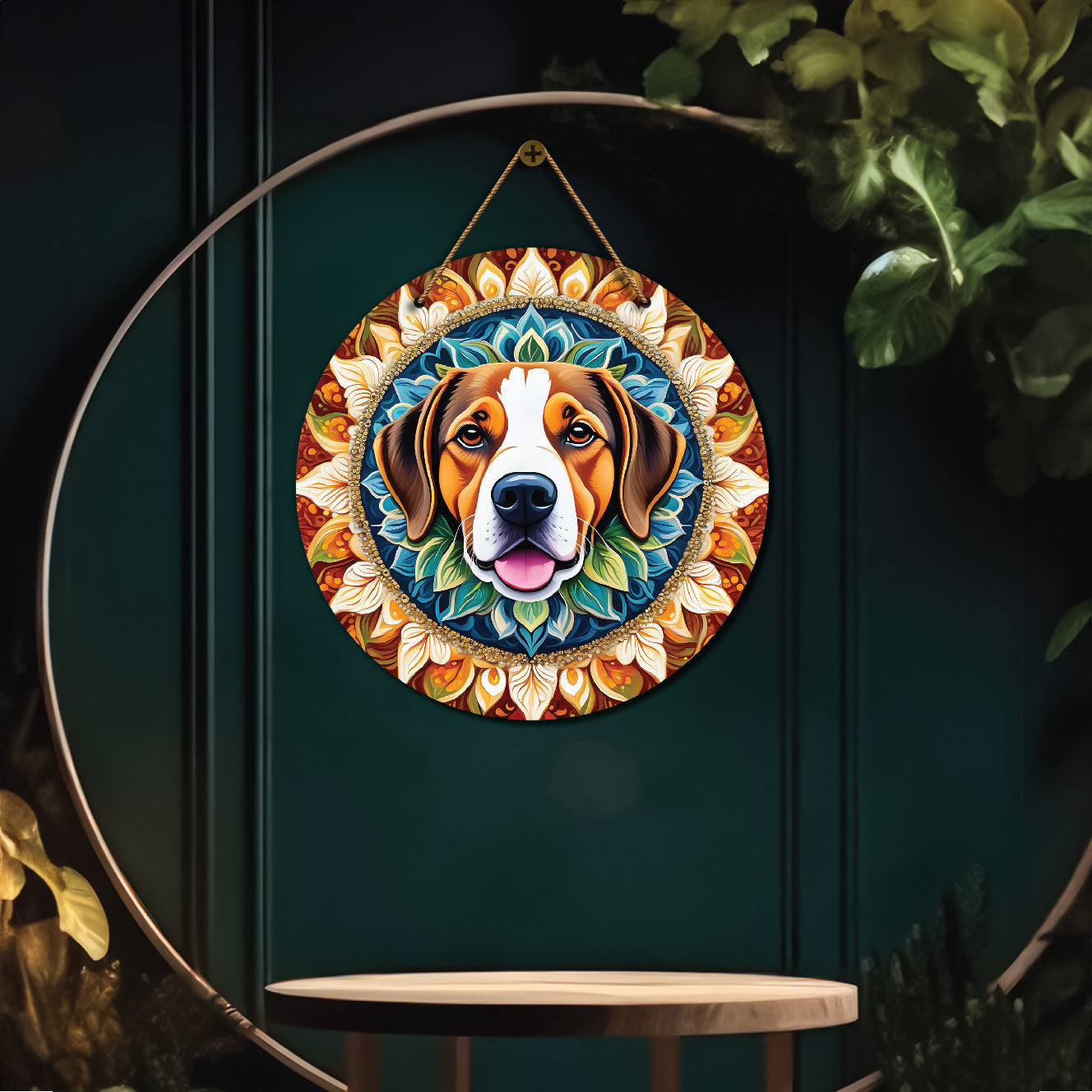 Dog in green and brown mandala Round Wooden Wall Hanging for wall Décor - Design - 169