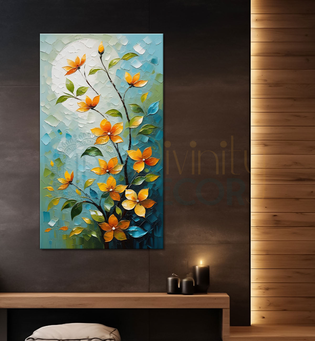Orange flowers in blue textured painting- Flower-V-169