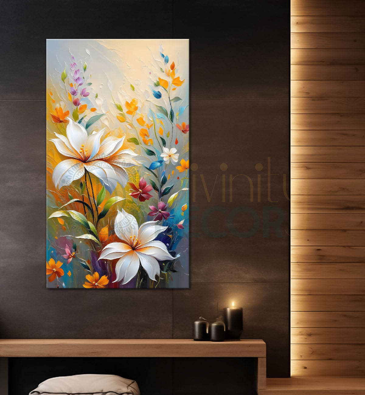 White flowers in grey textured background painting- Flower-V-170