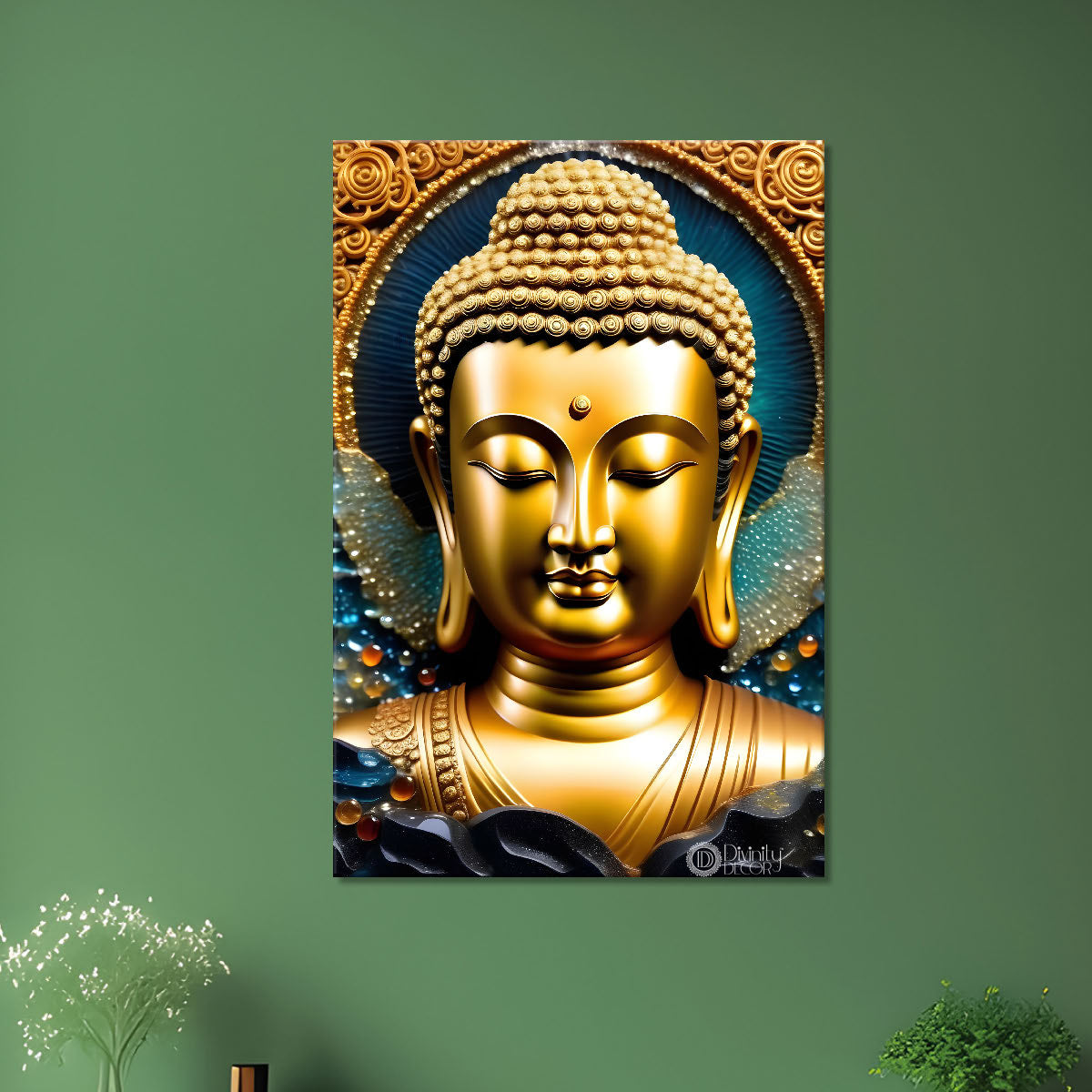 Golden buddha with blue texturd painting-V-169