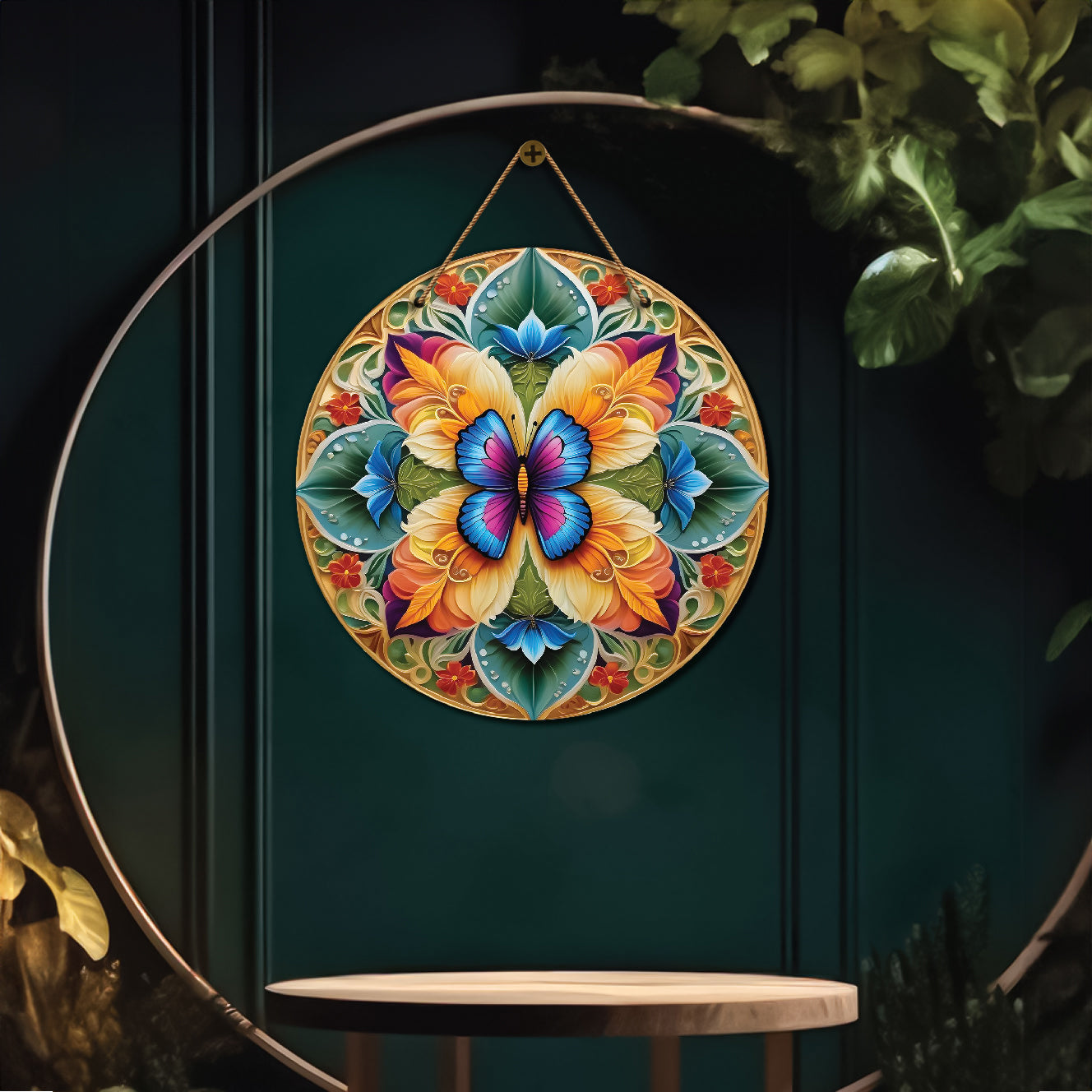 Butterfly in green and brown mandala Round Wooden Wall Hanging for wall Décor - Design - 170