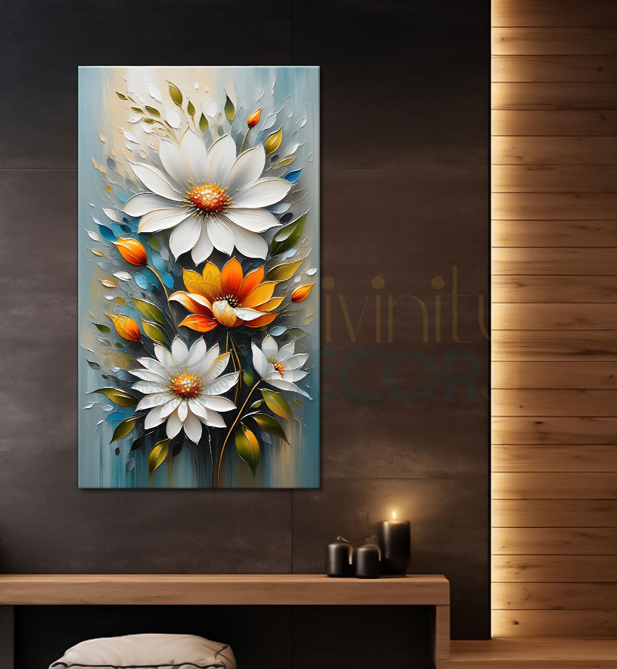 White and orange flower in grey textured painting- Flower-V-171
