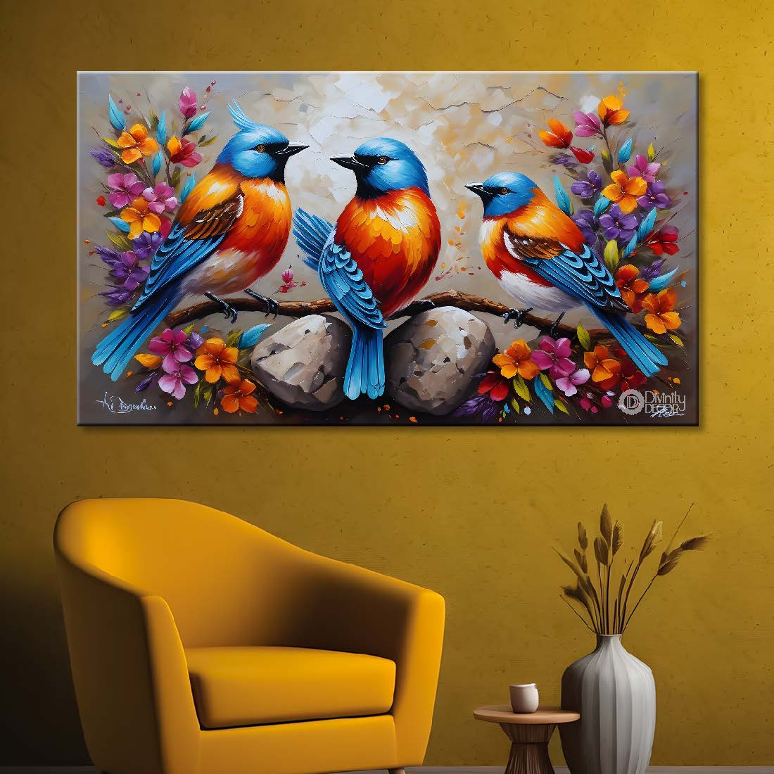 Two birds on the branch with colorful flowers in grey textured background art. - Design - Animal - 171