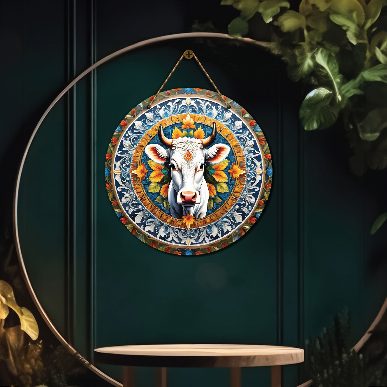 Cow in blue and brown mandala Round Wooden Wall Hanging for wall Décor - Design - 171