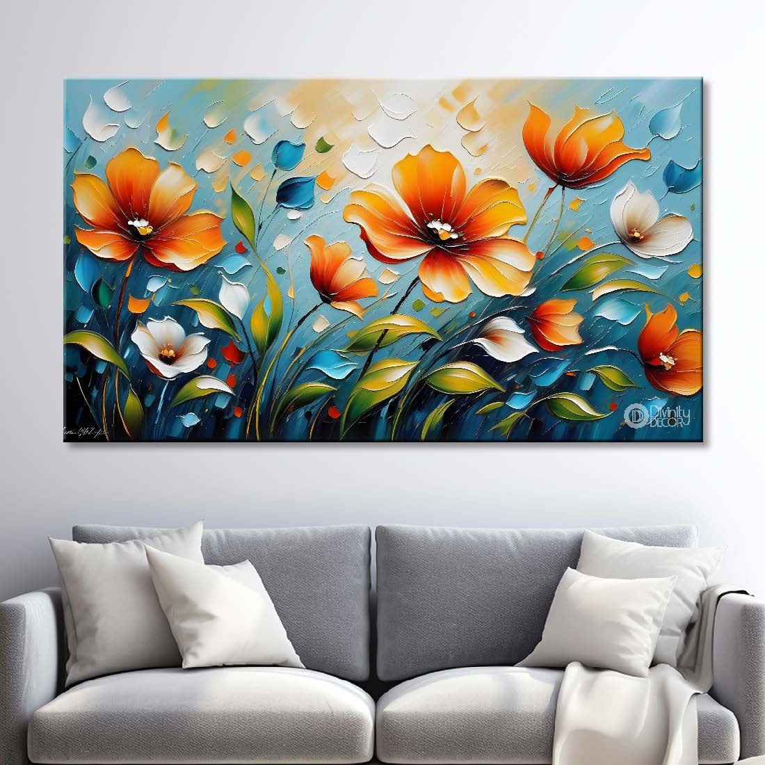 Orange flowers in blue background- Design - Flower-172