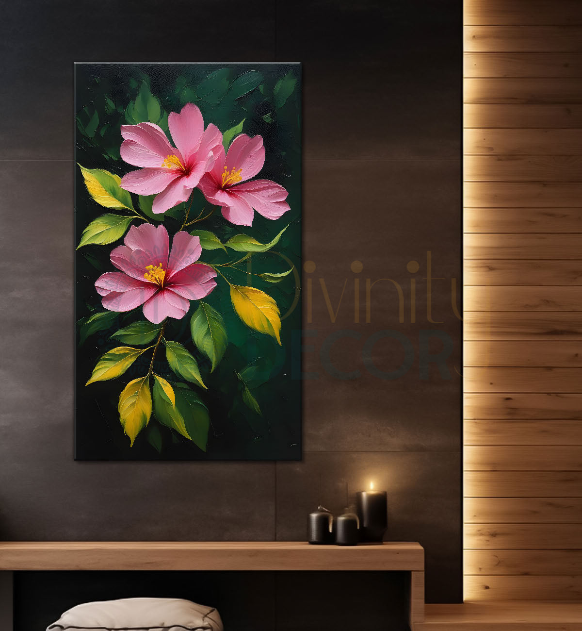 Pink flowers in dark textured painting- Flower-V-172