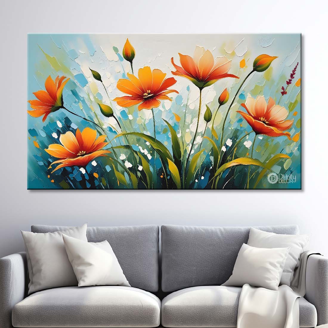 Orange flowers in blue background- Design - Flower-173