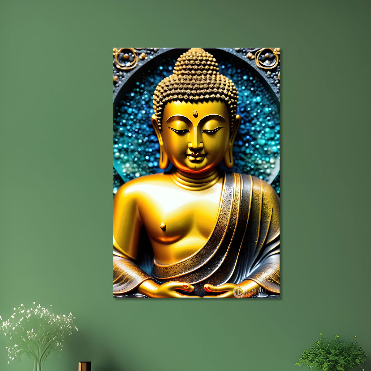 Golden buddha with blue texturd painting-V-173
