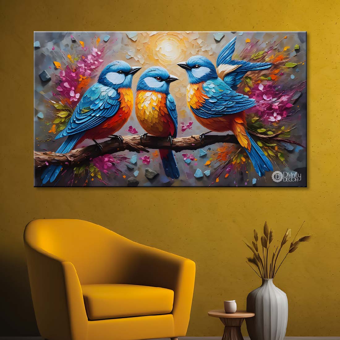 Three birds on the branch with flowers and grey textured background art. - Design - Animal - 173