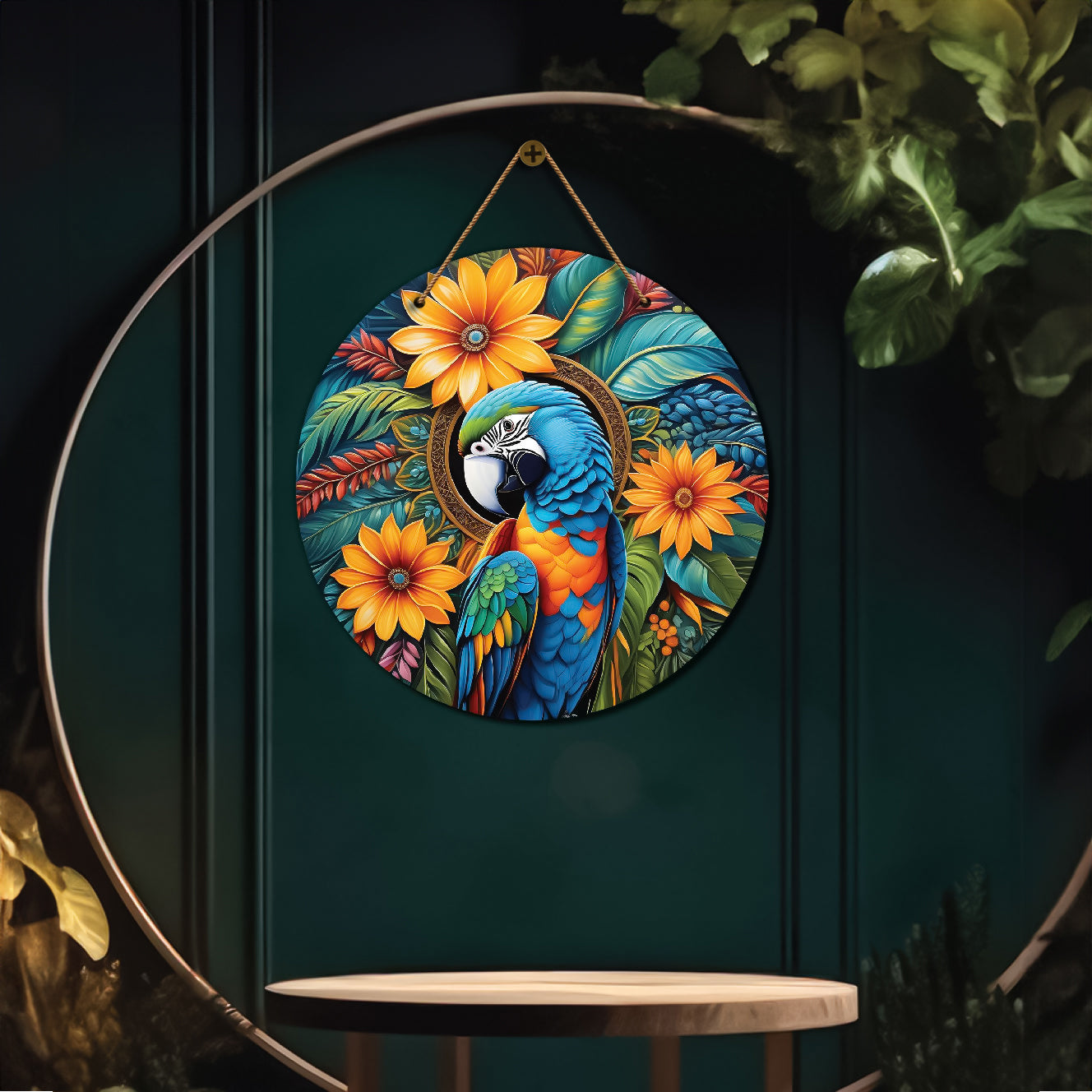 Parrot in green and yellow mandala Round Wooden Wall Hanging for wall Décor - Design - 173