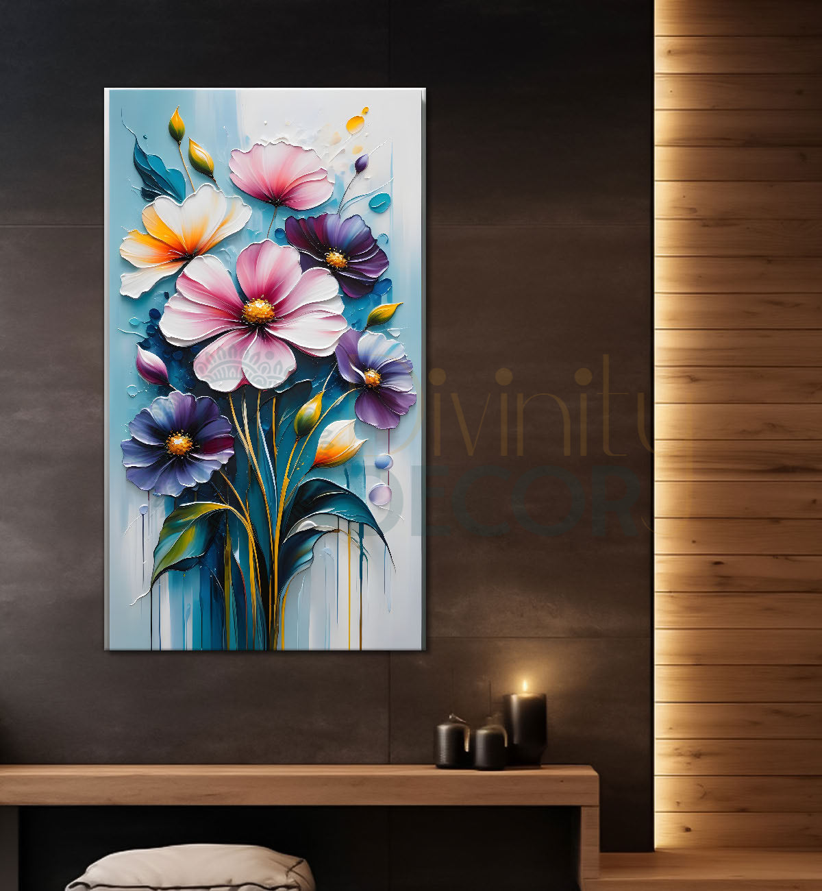 Purple flowers in sky blue textured painting- Flower-V-173