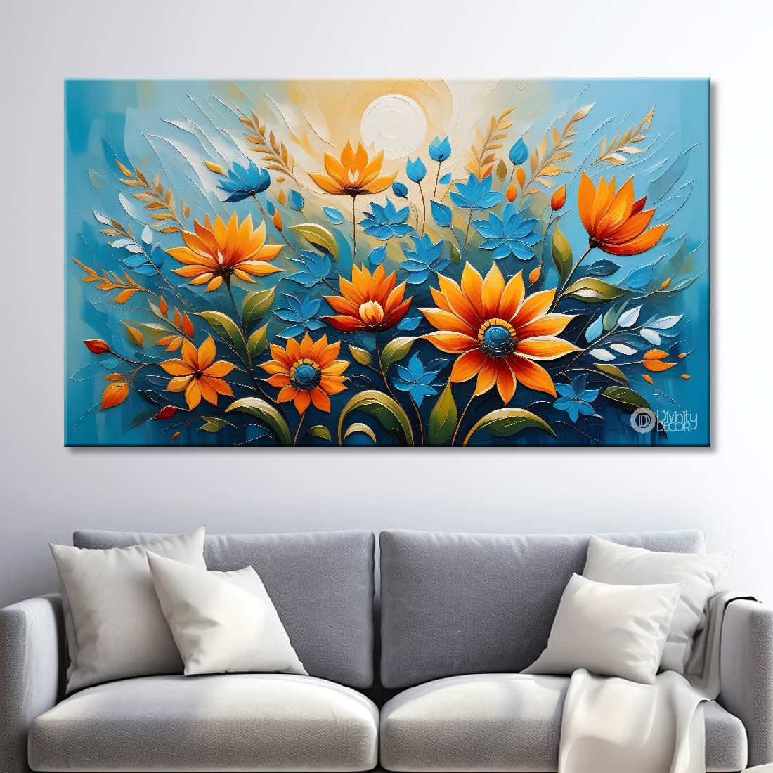 Orange flowers in blue background- Design - Flower-174