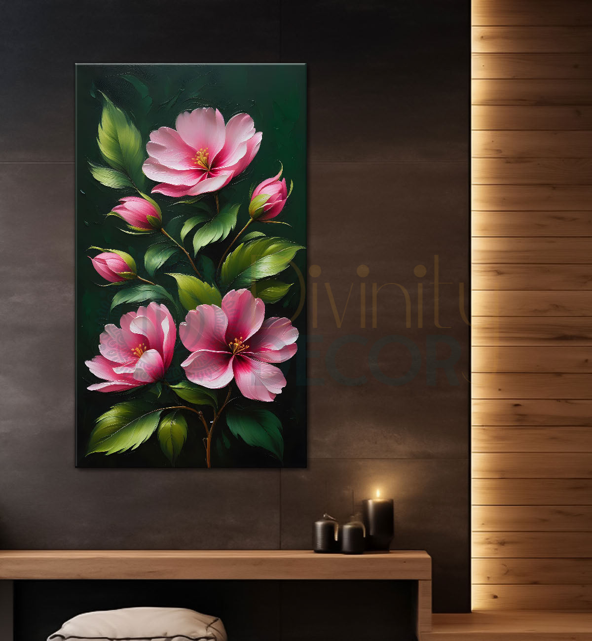 Pink flowers in dark textured painting- Flower-V-174