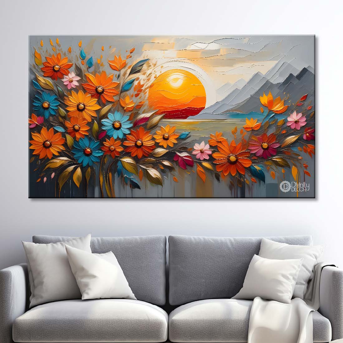 Colorful flowers with sunset background painting- Design - Flower-176