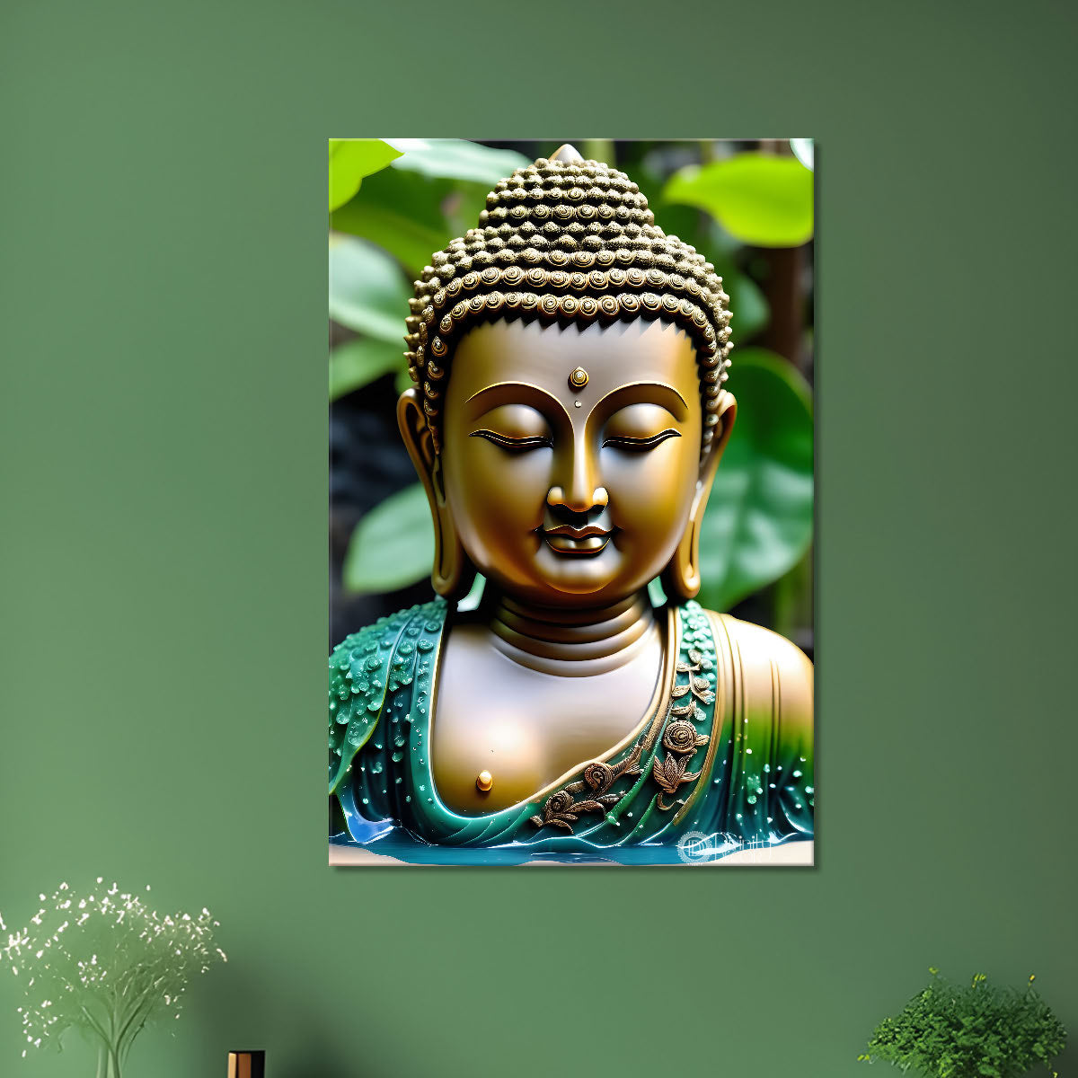 Golden buddha with green background texturd painting-V-176